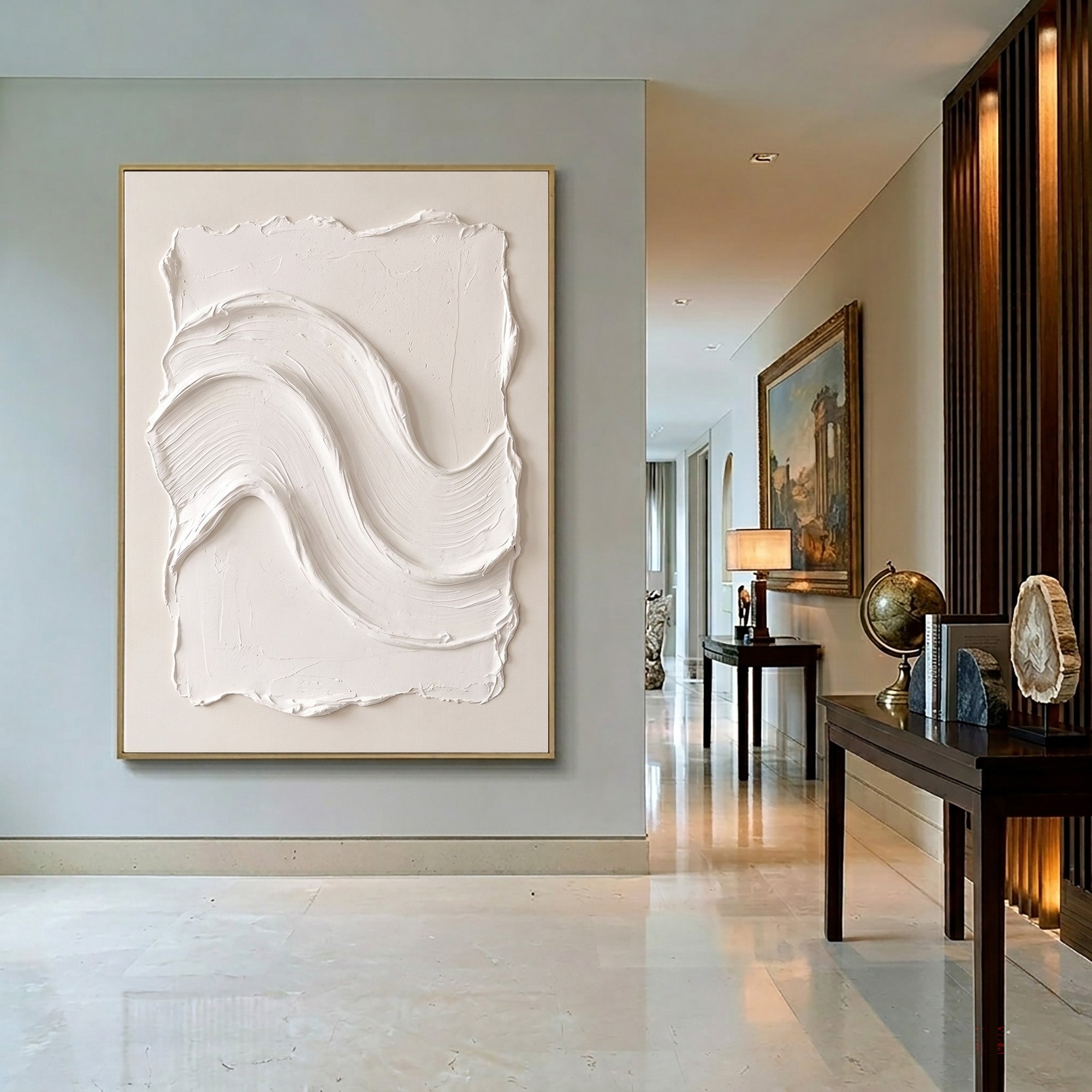 Large Minimalist White Wall Art Textured Oil Painting Abstract Wave Relief Artwork Modern Neutral Interior Decor