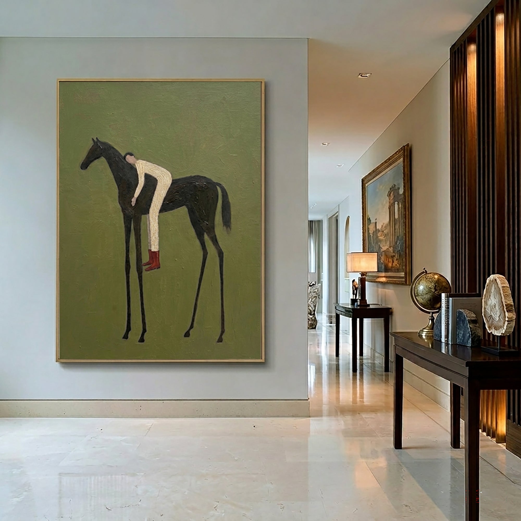 Large Minimal Equestrian Wall Art Horse Rider Oil Painting Cowboy Cowgirl Inspired Vintage Americana Western Artwork Modern Interior Decor