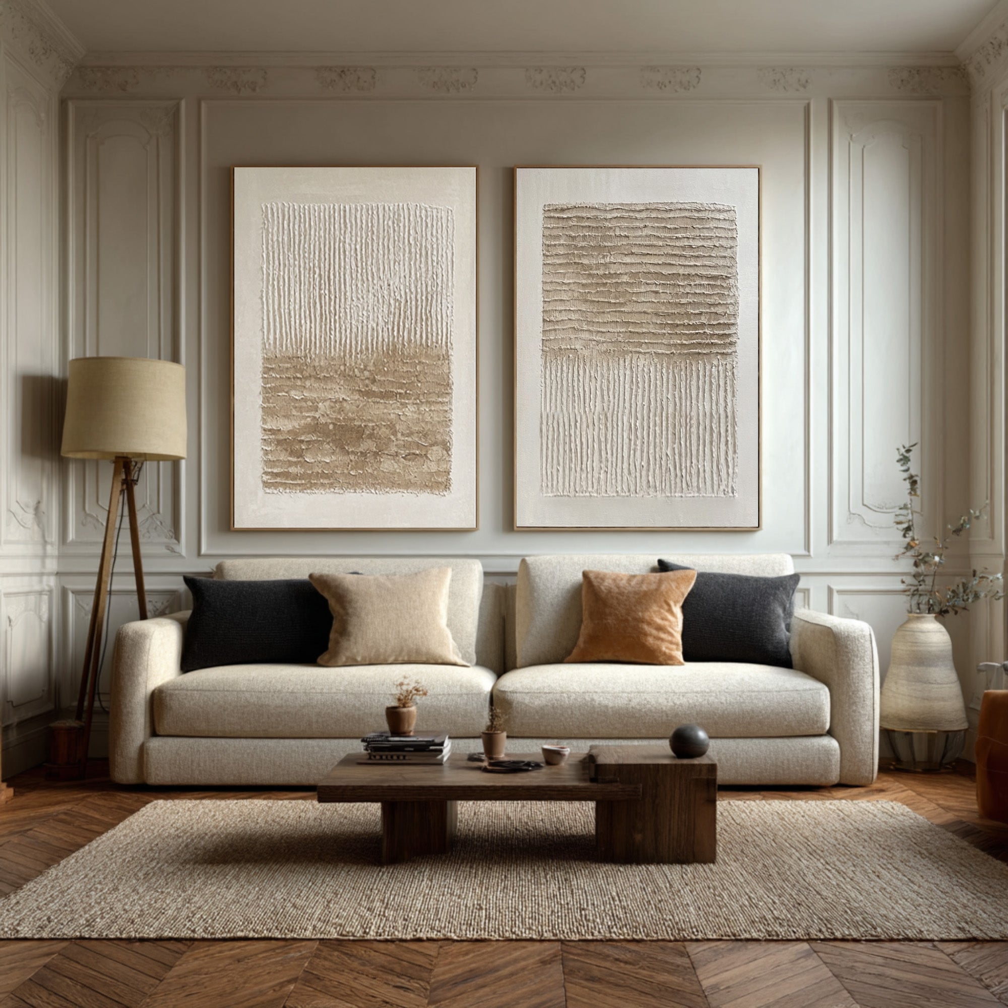 Oversized Impasto Wall Art: Wavy Neutral Panels Set Of 2 #AG 020