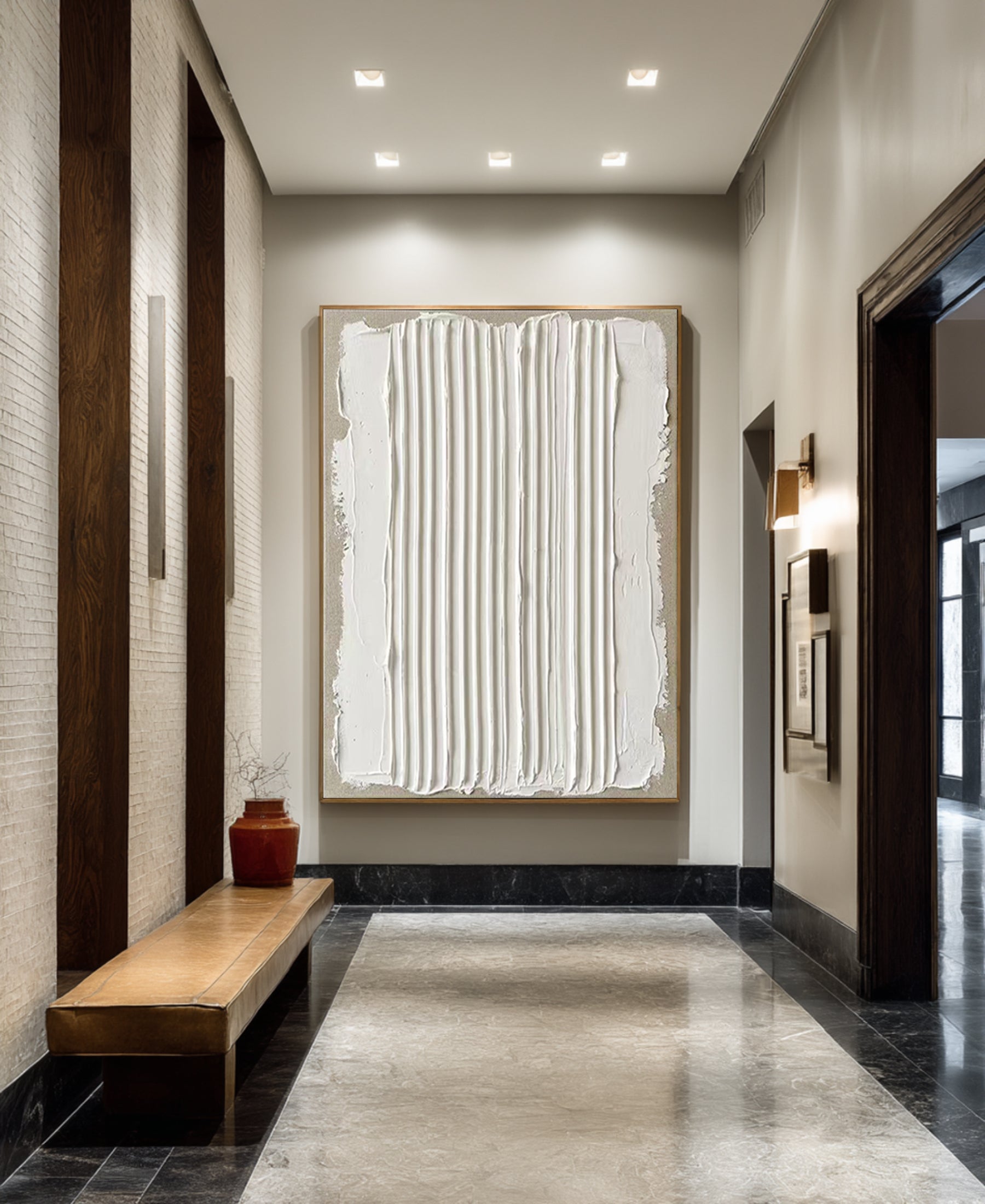 Large Neutral Oil Painting with Vertical Plaster Texture for Contemporary Interiors