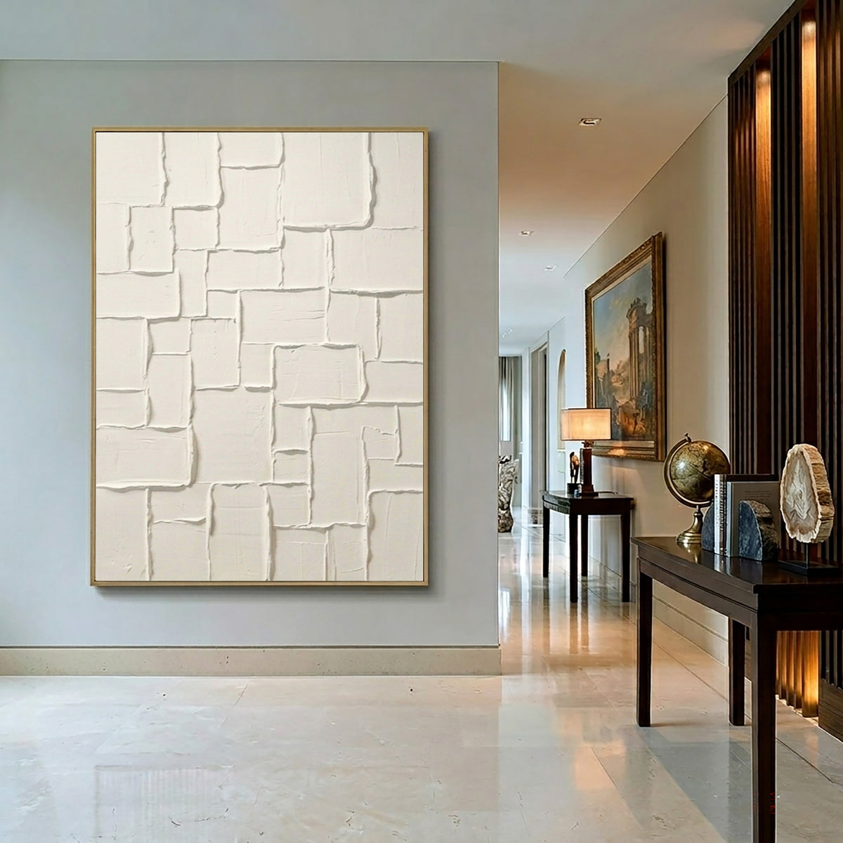 Large Architectural Block Relief Wall Art Ivory White Textured Abstract Painting Contemporary Interior Decor