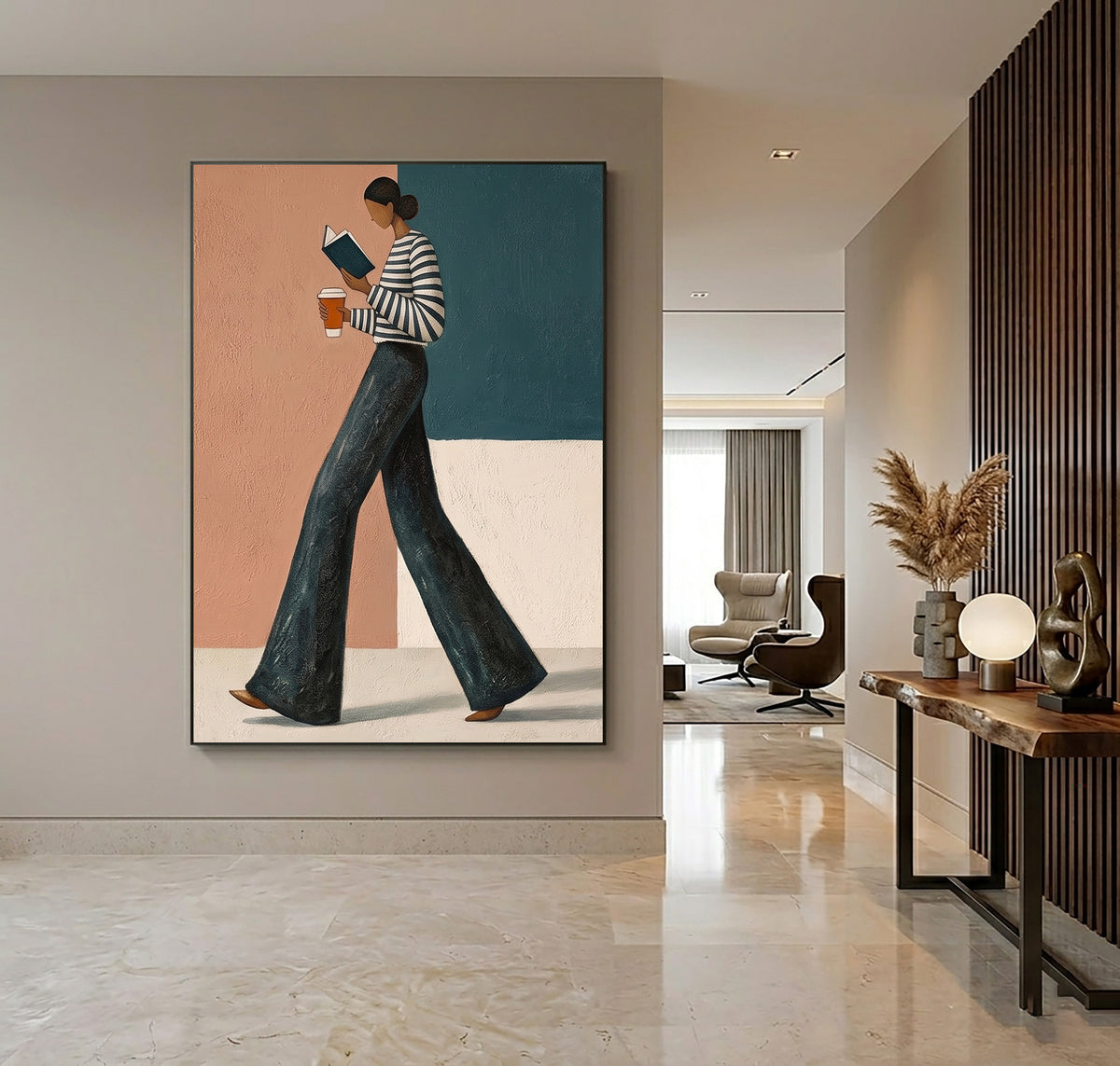 Contemporary Female Figure Painting Striped Shirt Coffee Wall Art