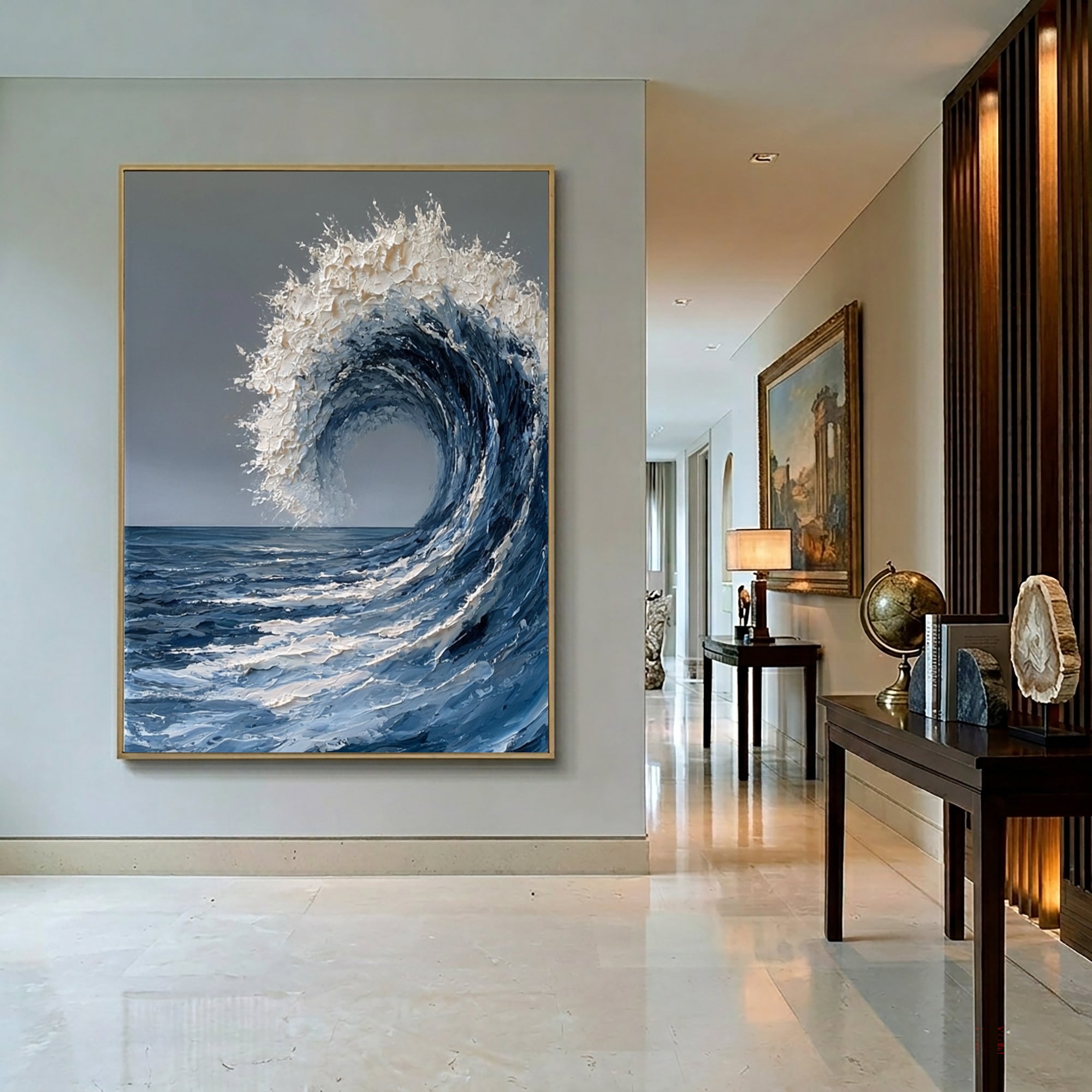 Large Textured Ocean Wave Wall Art Abstract Oil Painting Blue Sea Foam Coastal Artwork Modern Beach House Luxury Decor