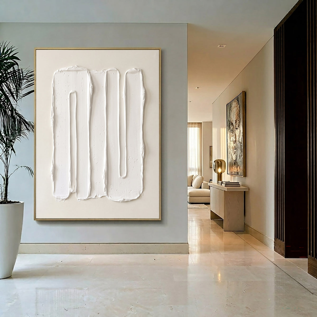 Large Modern Vertical Abstract Texture Wall Art Ivory White 3D Relief Oil Painting Minimalist Sculptural Contemporary Living Room Decor