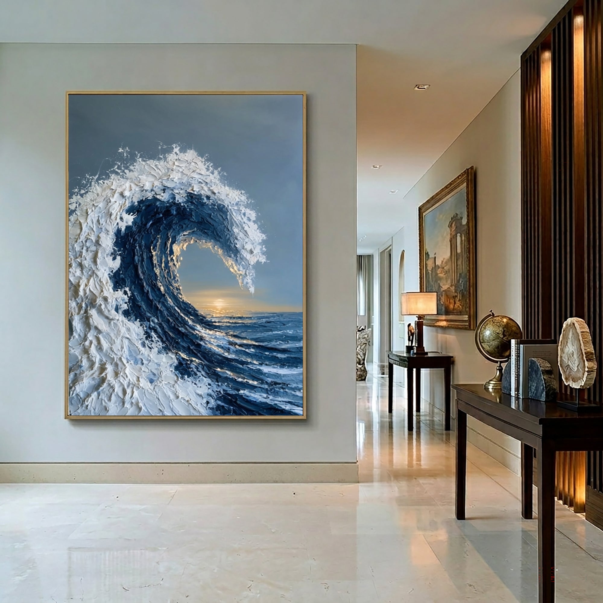 Large Textured Ocean Wave Wall Art Abstract Oil Painting Blue Sea Sunset Horizon Coastal Artwork Modern Home Interior Decor