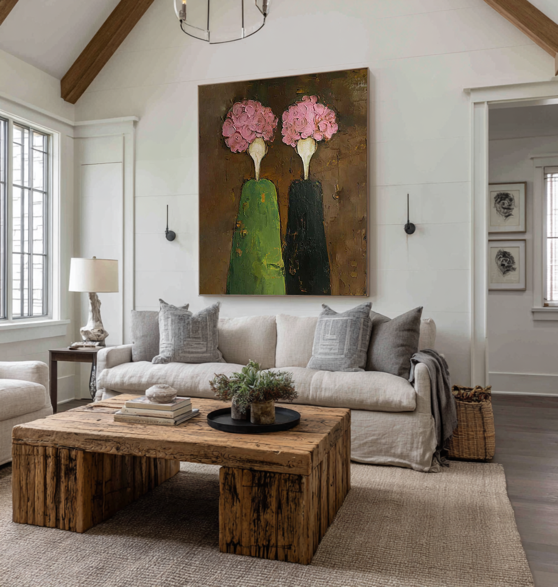 Abstract Figurative Oil Painting with Pink Florals #CZ 049