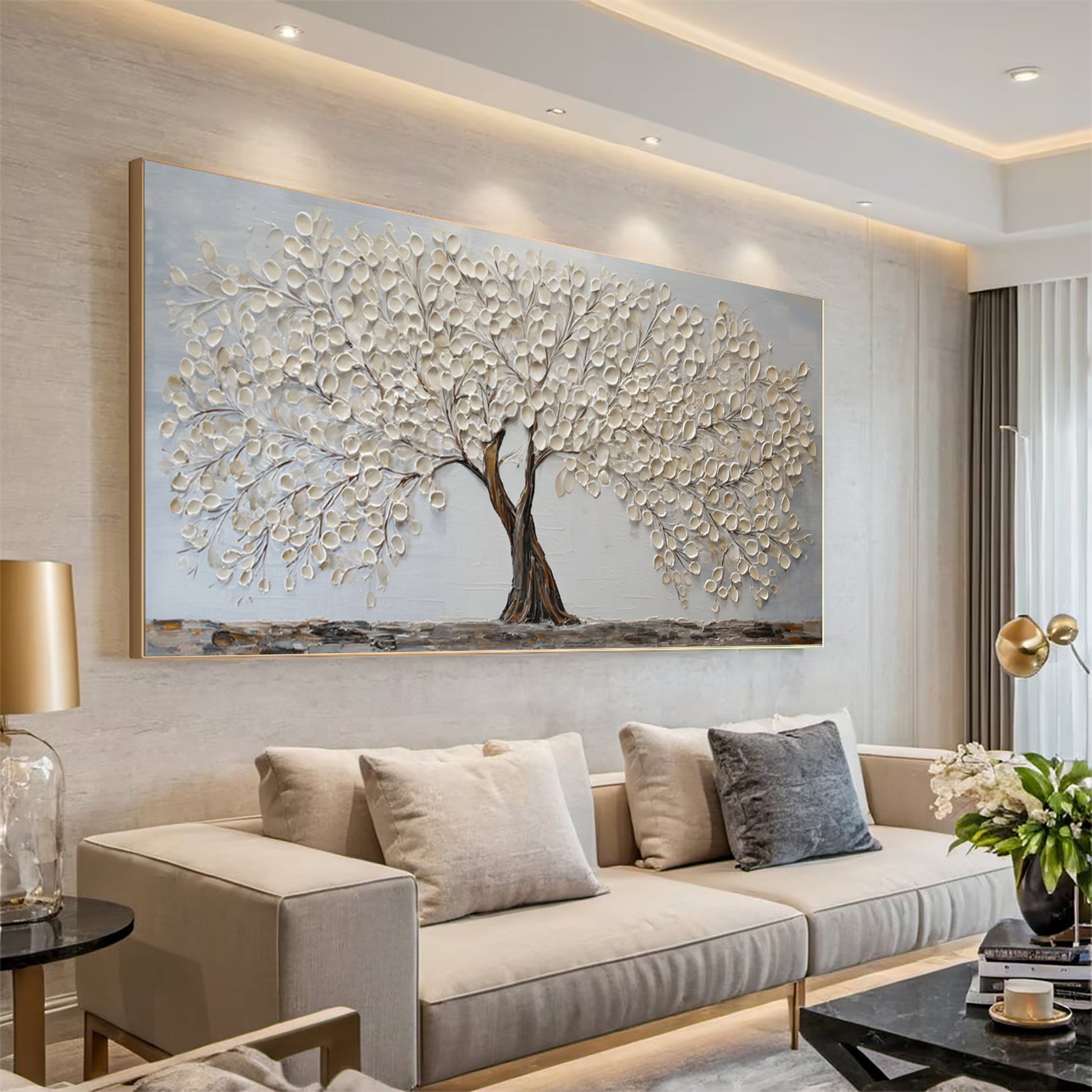 Textured Gold Leaf Tree Art Modern Living Room #AG 091