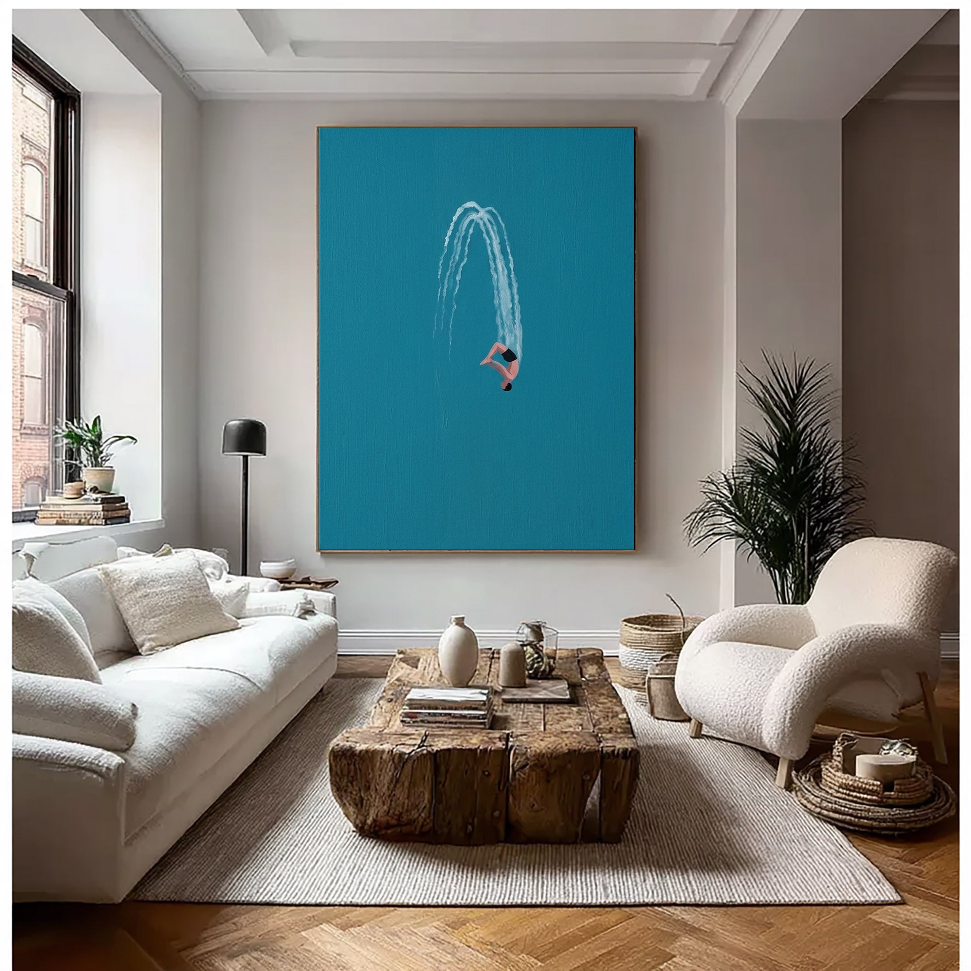 Large Contemporary Diver Wall Art Minimalist Blue Ocean Painting 