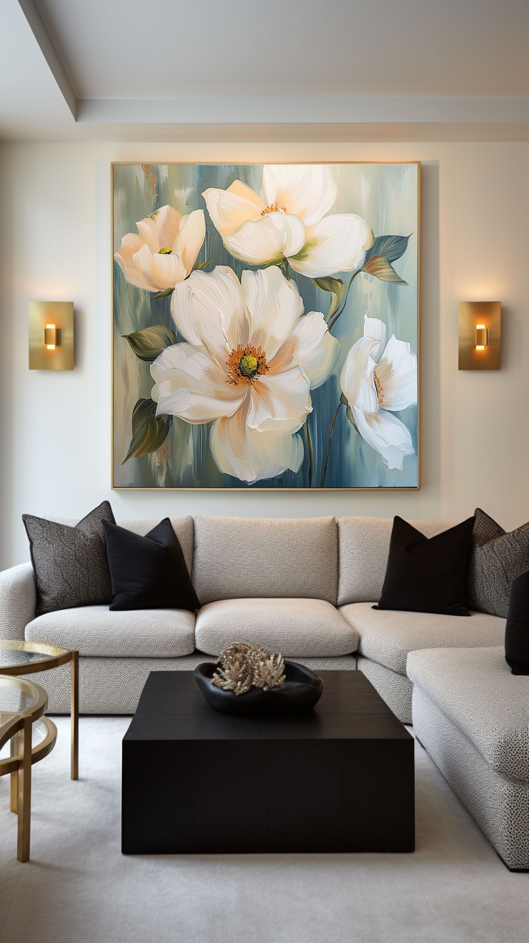 Large Floral Wall Art Tranquil White Blooms on Canvas #FT 019