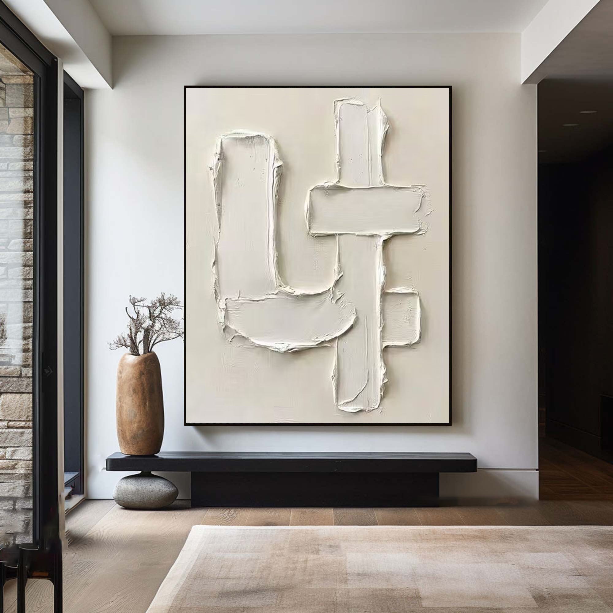 Large Contemporary Abstract Texture Painting in Soft Ivory and Beige
