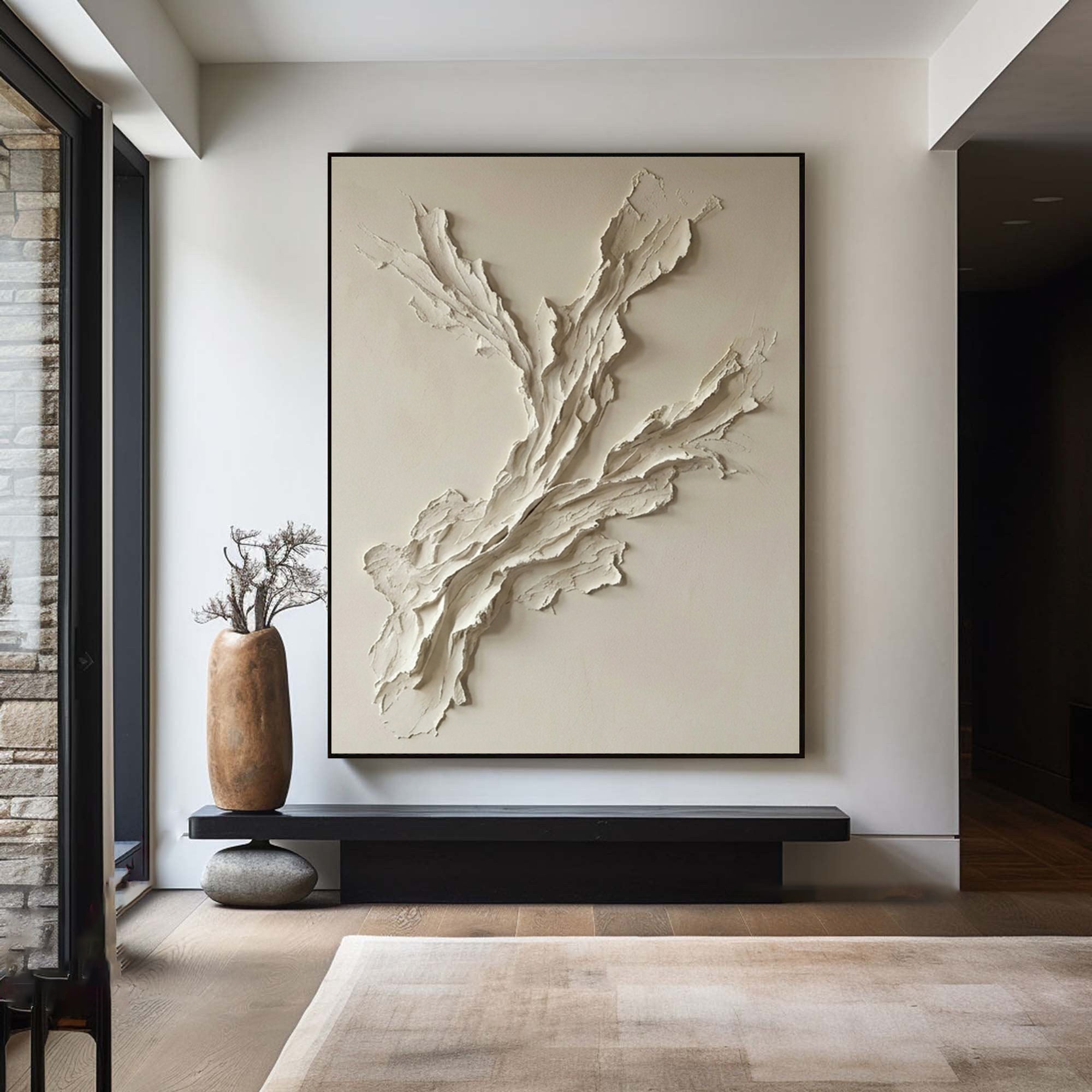 Large Abstract Neutral Oil Painting with Sculptural Branch Texture Design