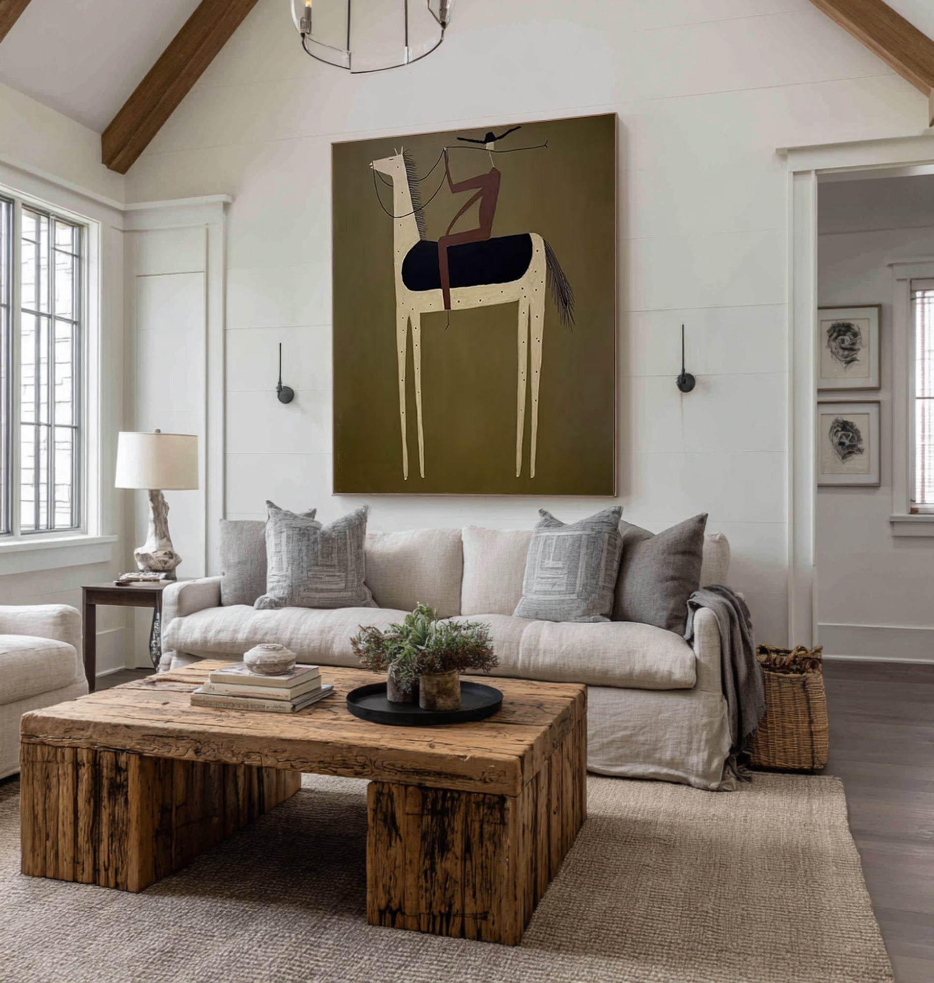 Oversized Olive Green Cowboy Horse Painting Modern Figurative Canvas Art