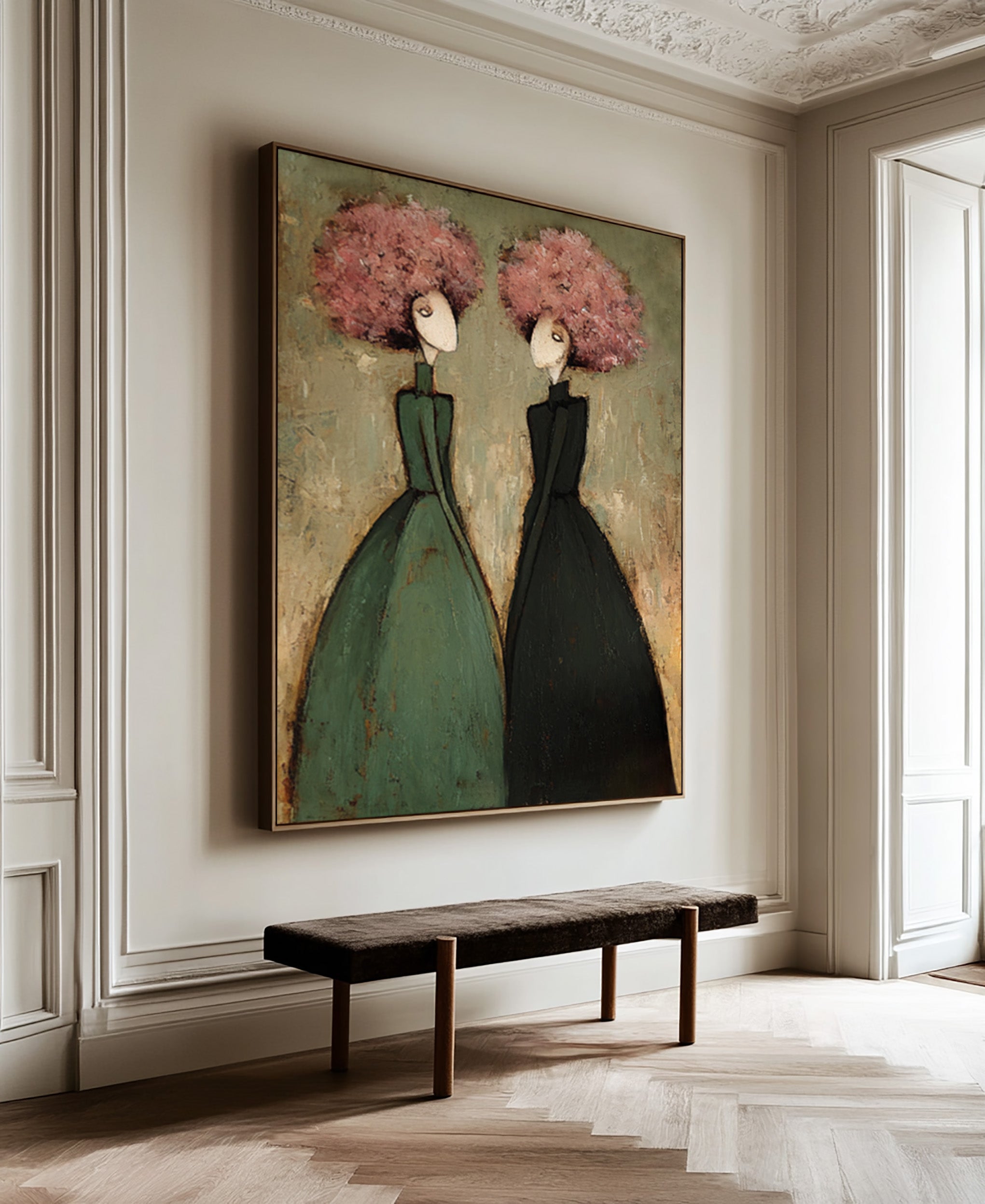 Green Figurative Oil Painting of Two Women #CZ 033