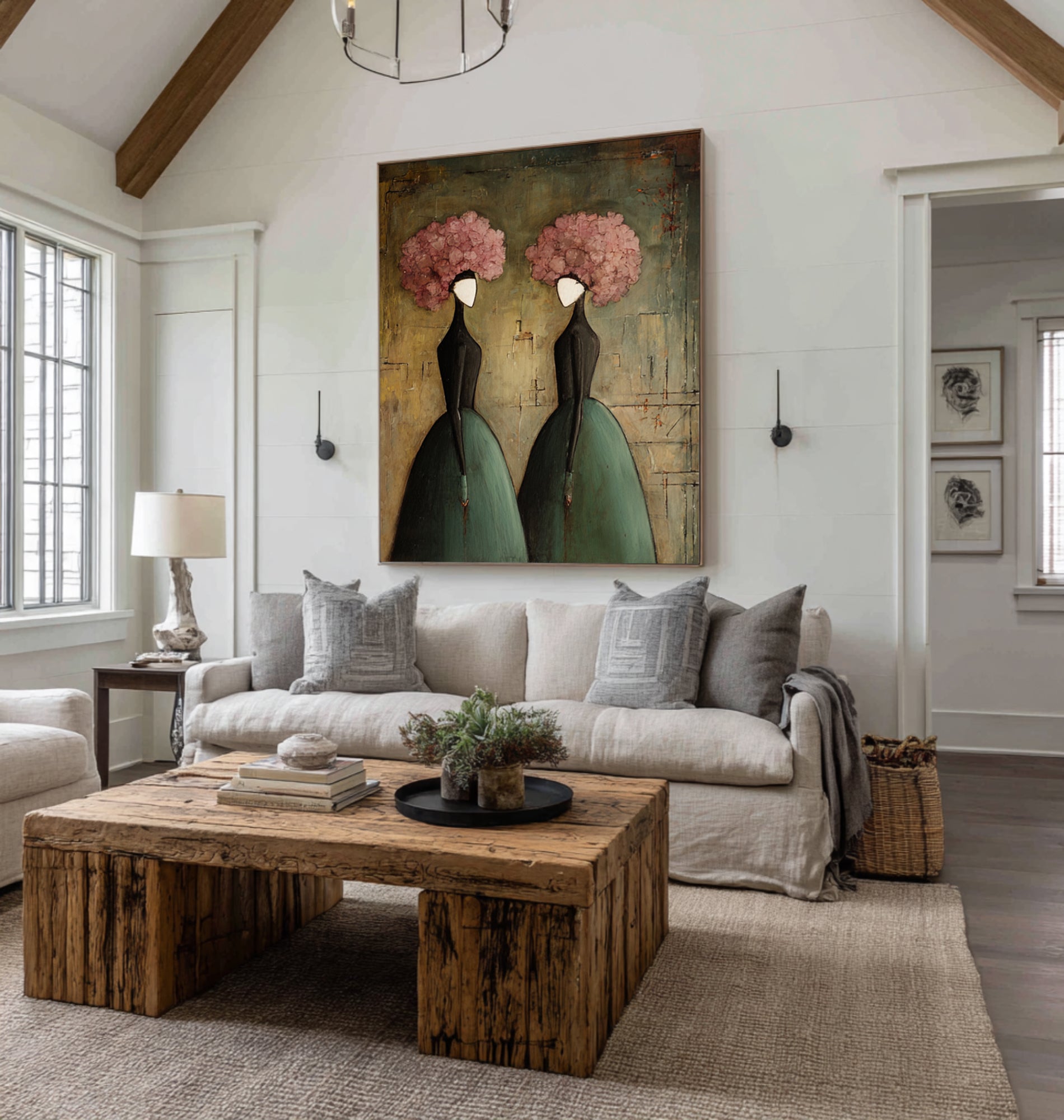 Large Romantic Figure Painting Floral Portrait Canvas Wall Art 