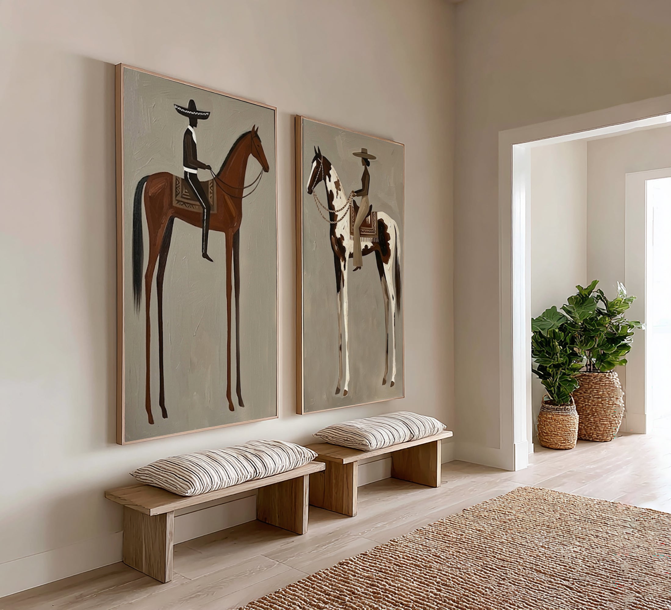 Large Cowboy Cowgirl Wall Art Western Ranch Horse Oil Painting Diptych | KeiraArt