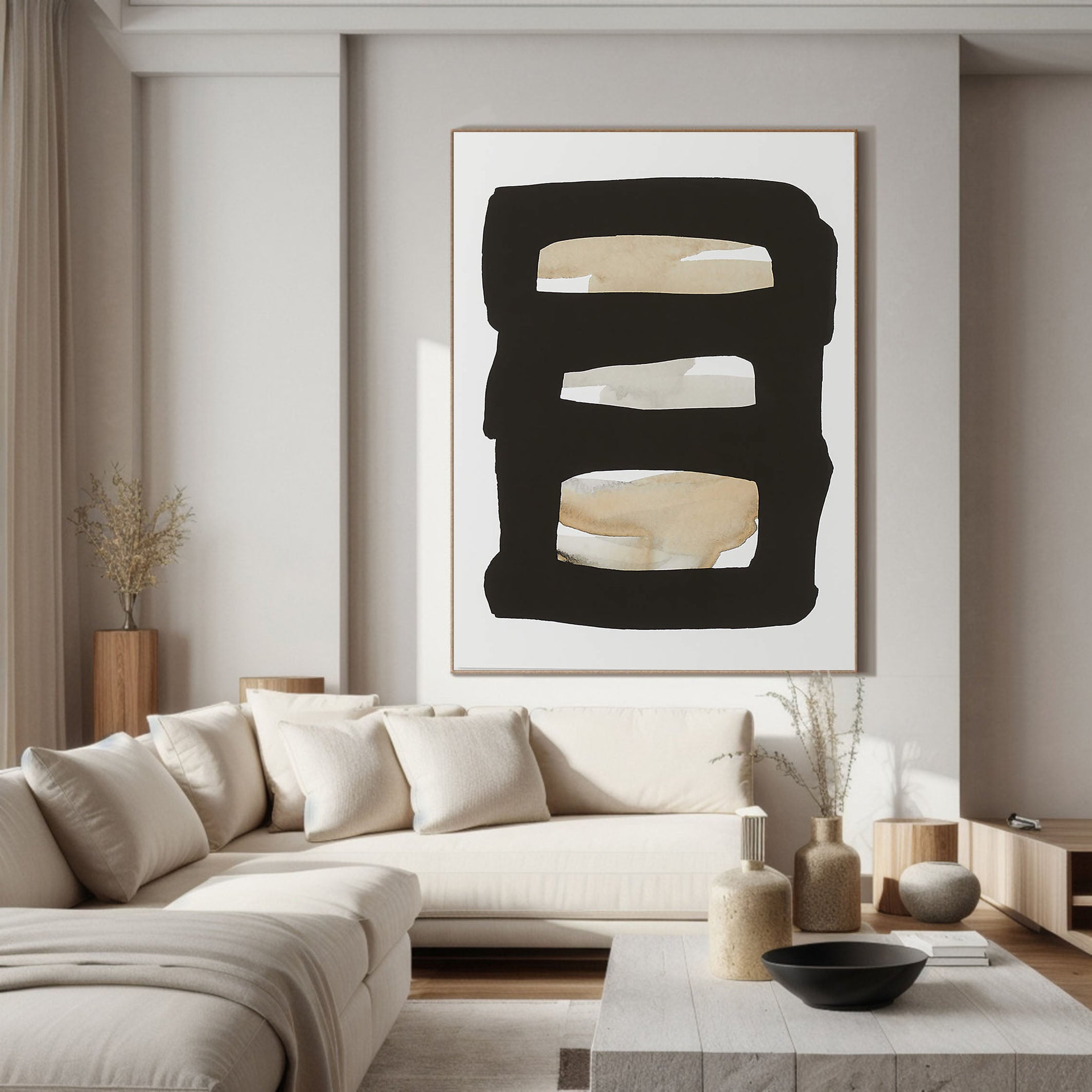 Horizontal Stripes Abstract - Black Beige Canvas Art #MMA 190