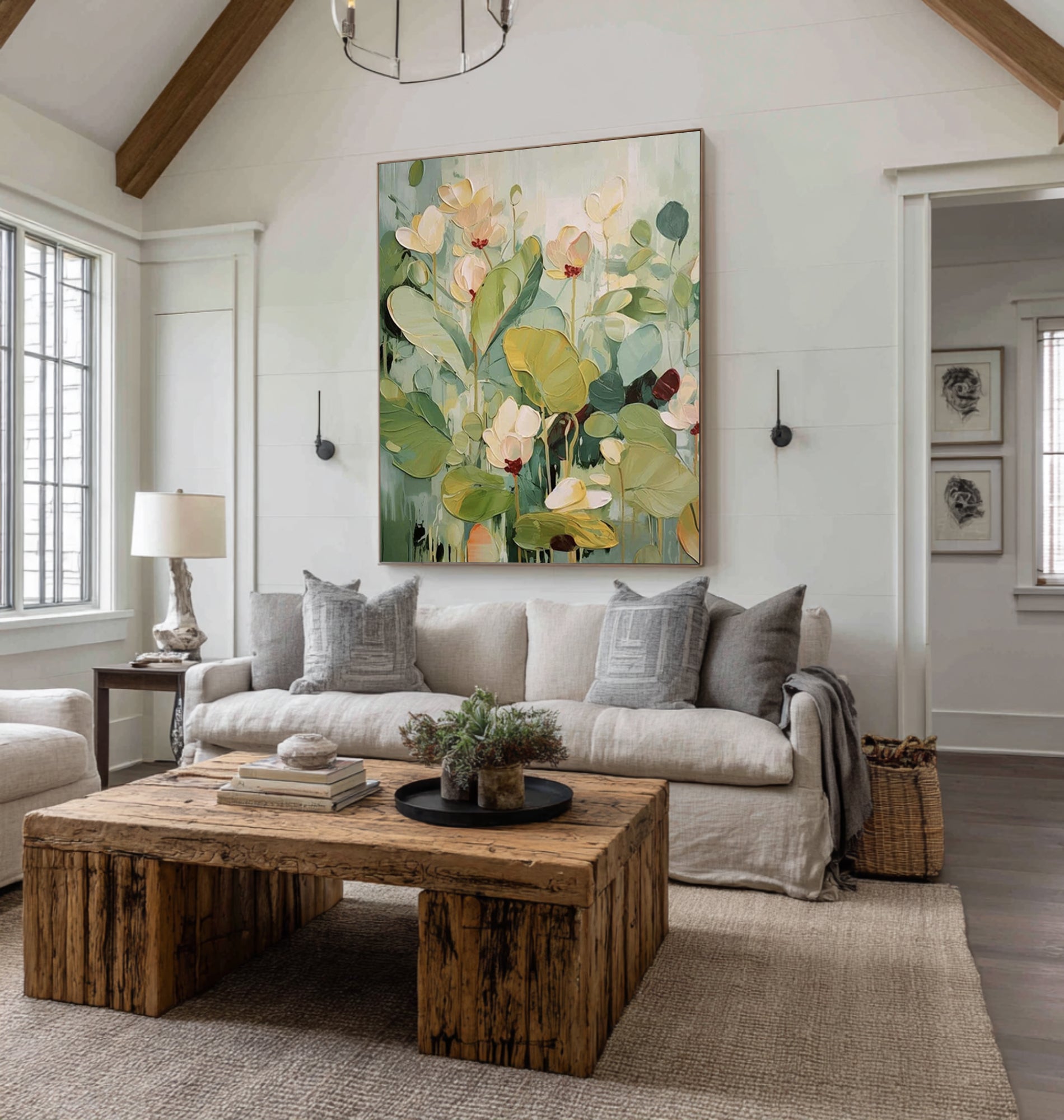 Oversized Green Botanical Canvas Art Contemporary Floral Painting
