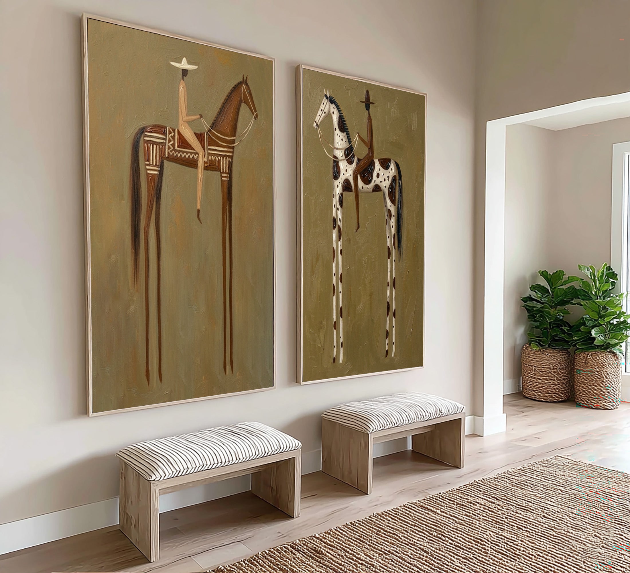 Large Cowboy Cowgirl Horse Wall Art Western Heritage Oil Painting Diptych | KeiraArt