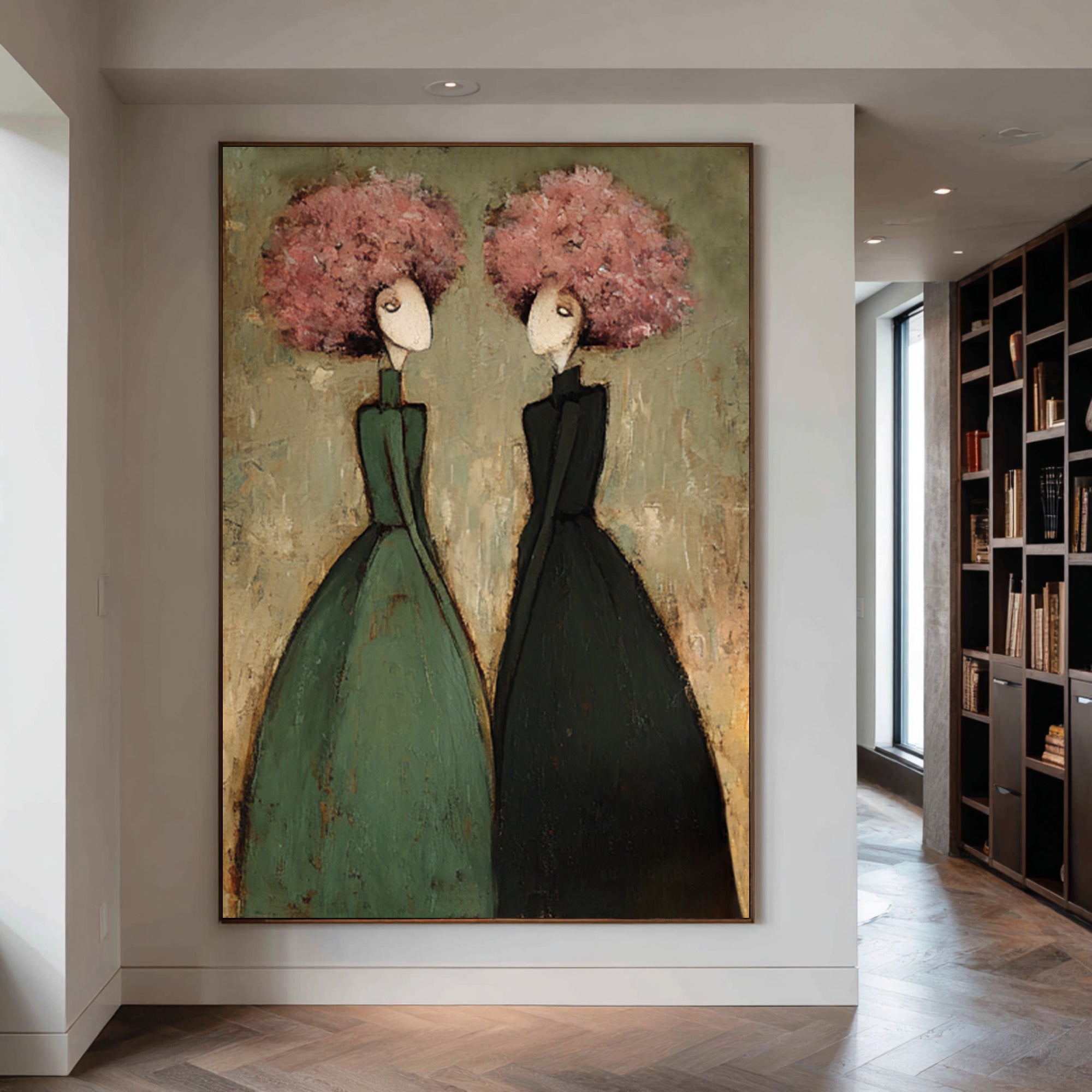 Green Figurative Oil Painting of Two Women #CZ 033