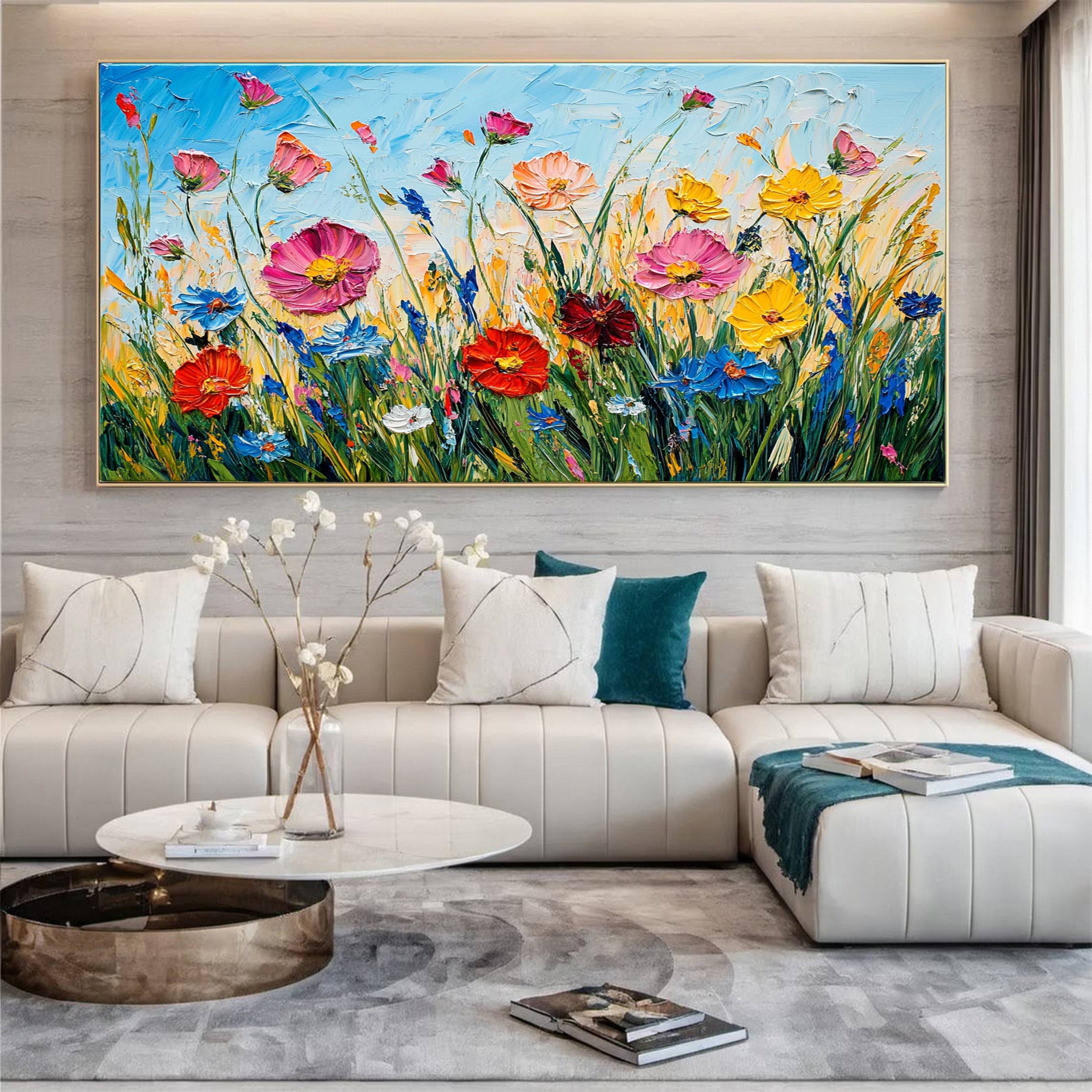 Meadow's Embrace Vibrant Flower Field Canvas Colorful Art #FT 020