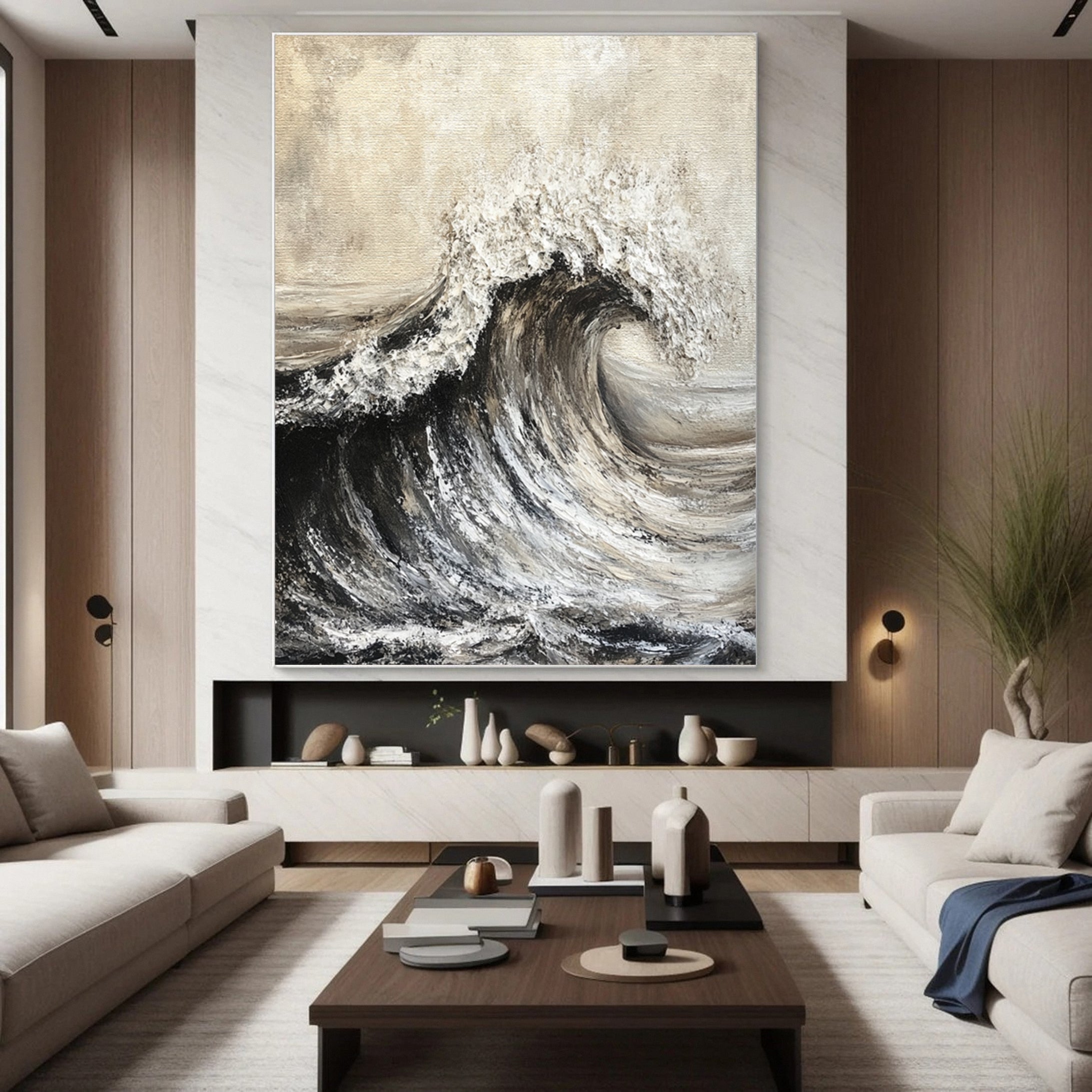 Sea Wave Black & White Large Textured Ocean Wall Art #OS 042