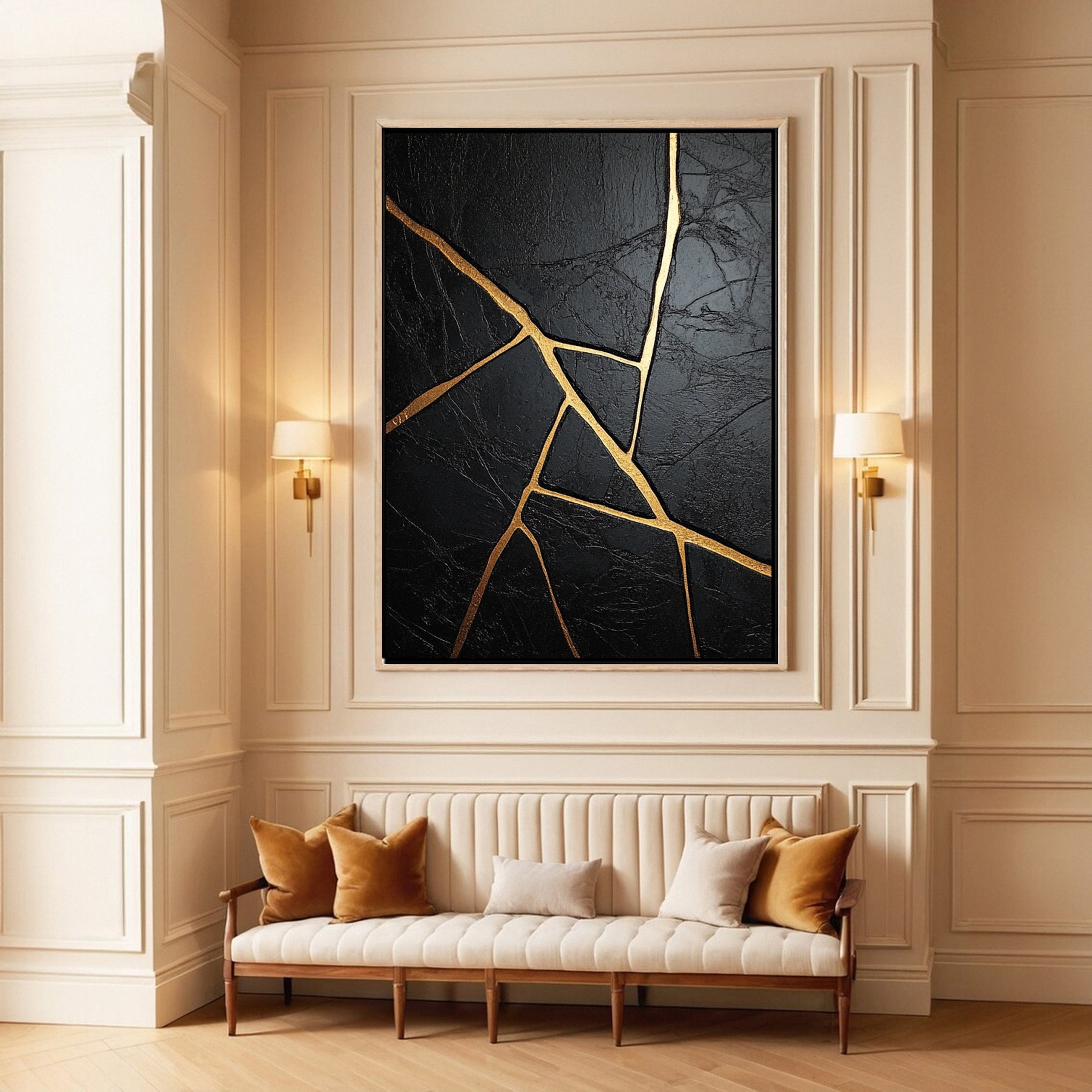 Golden Cracks Black Modern Abstract Art for Elegant Interiors #MMA 108