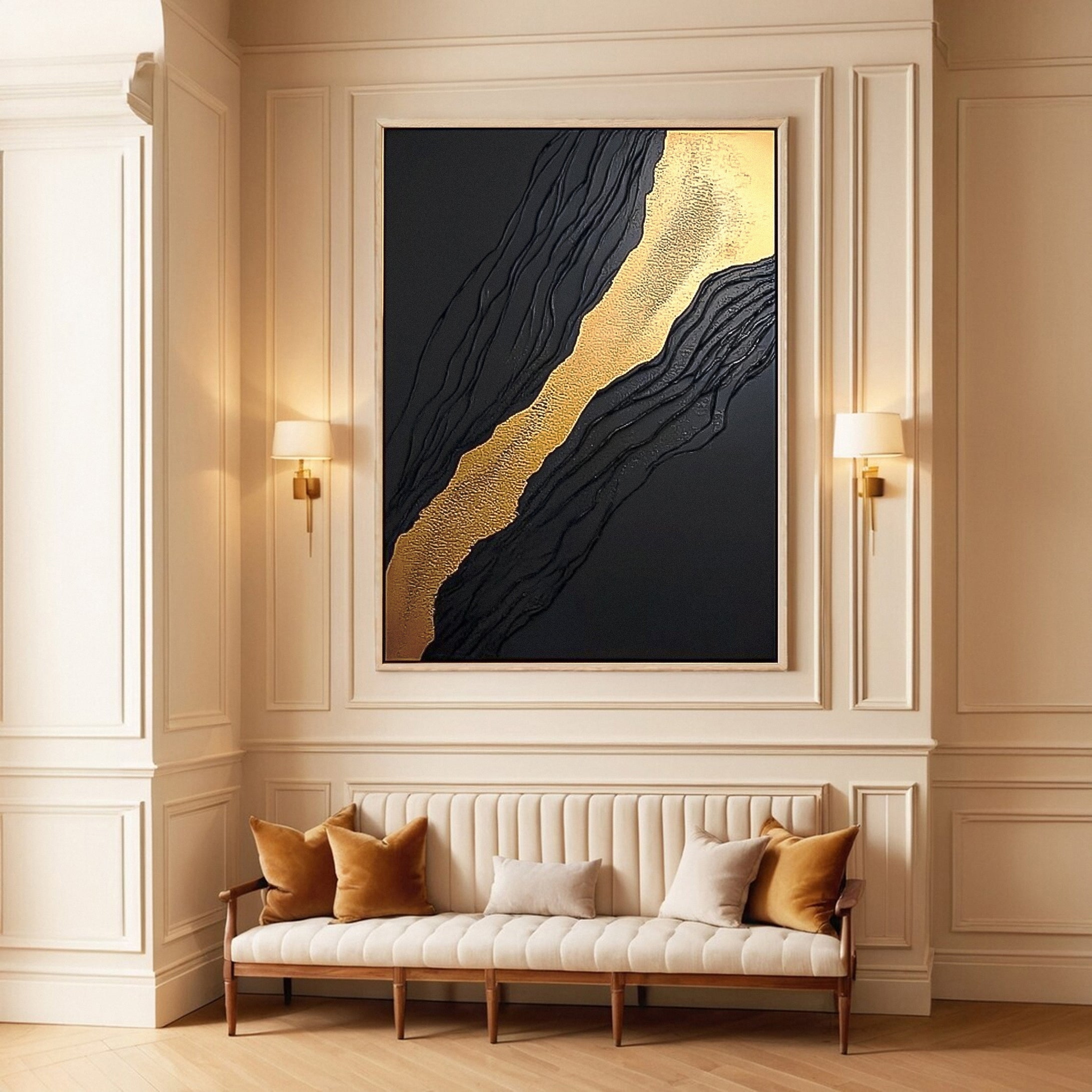 Golden Sway Chic Black and Gold Large Textured Wall Art #MMA 130