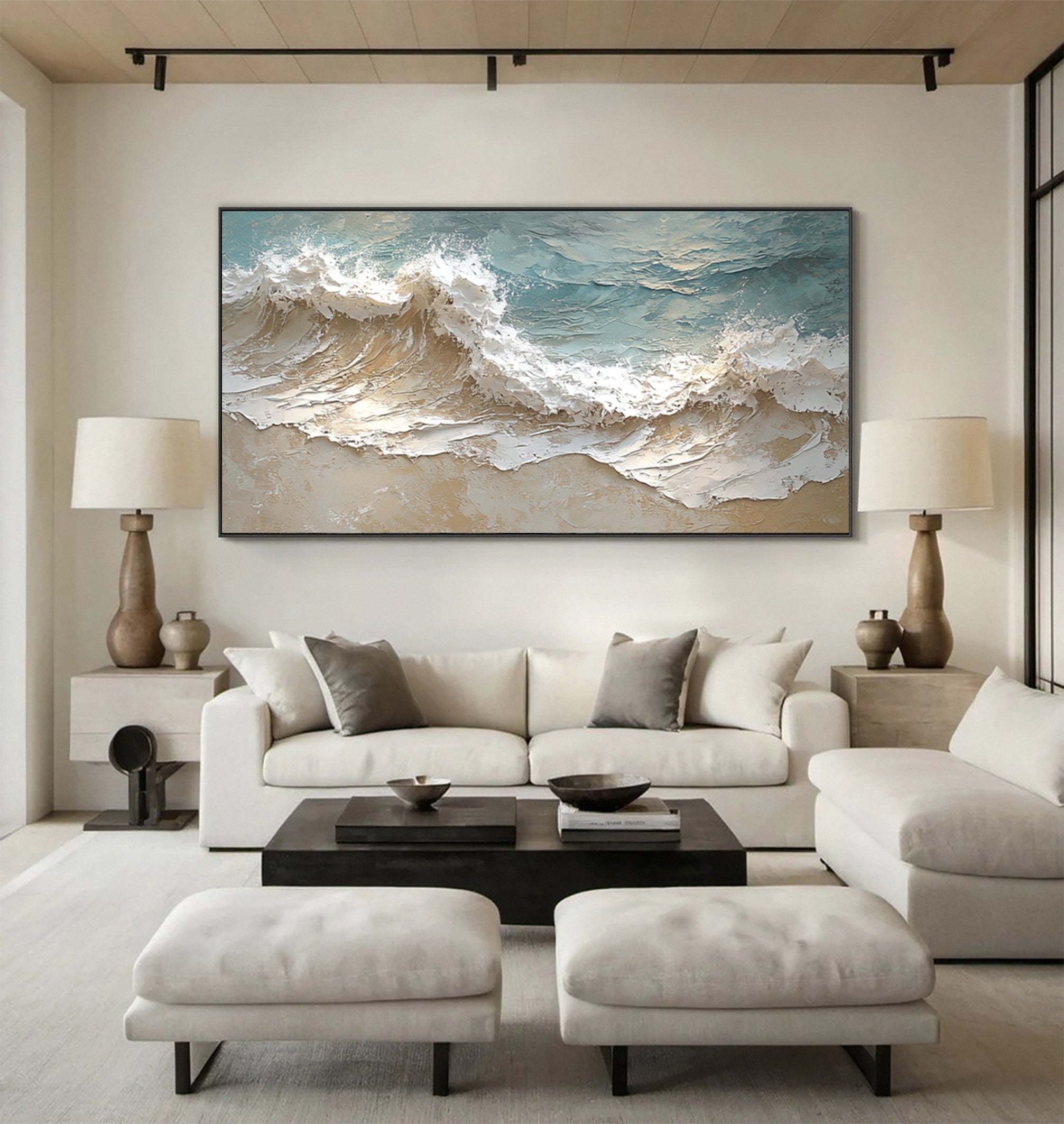 Modern 3D Ocean Wave Canvas Gold Frame Art #AG 039
