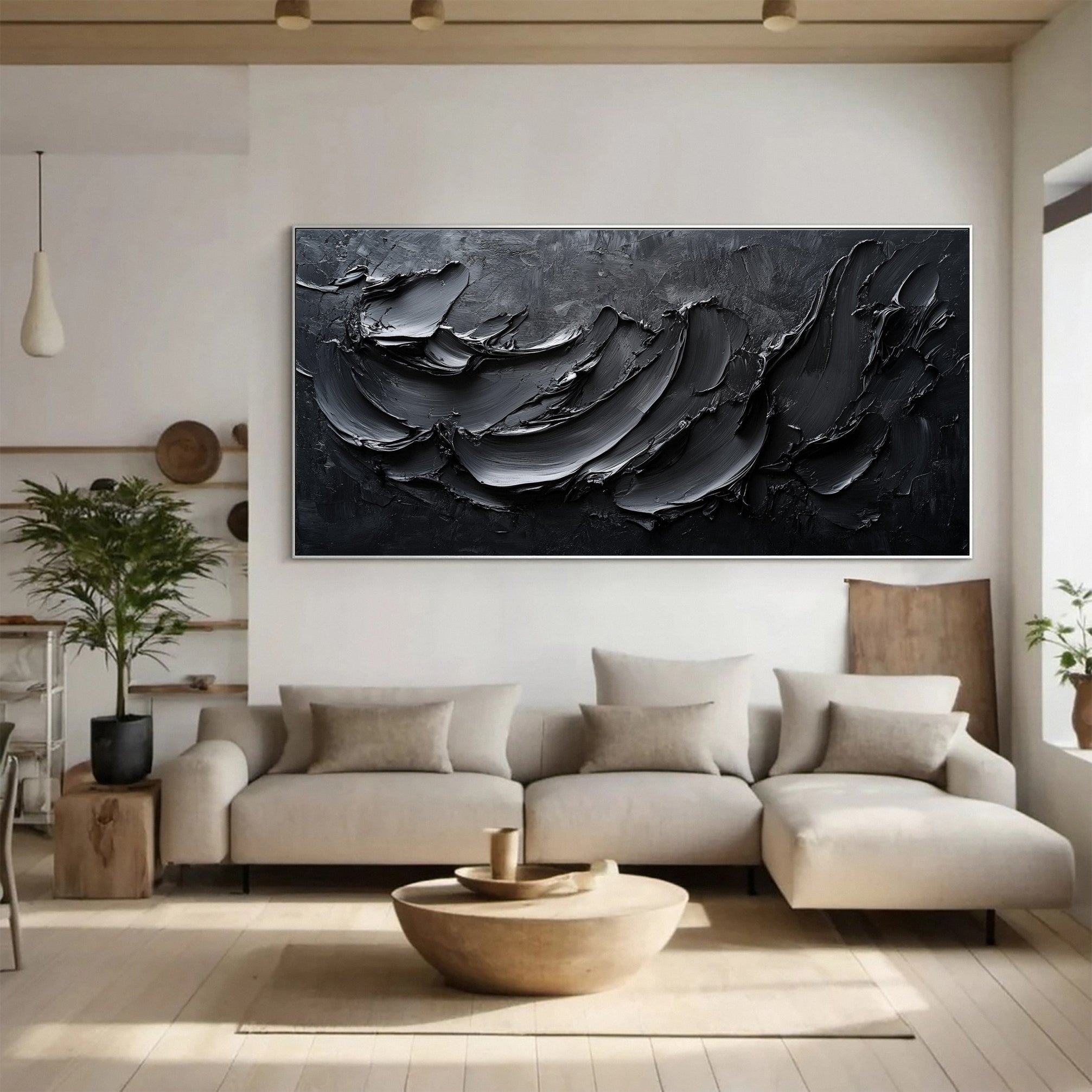 Luxurious Depths Large Black Textured Abstract Canvas Art #MMA 111