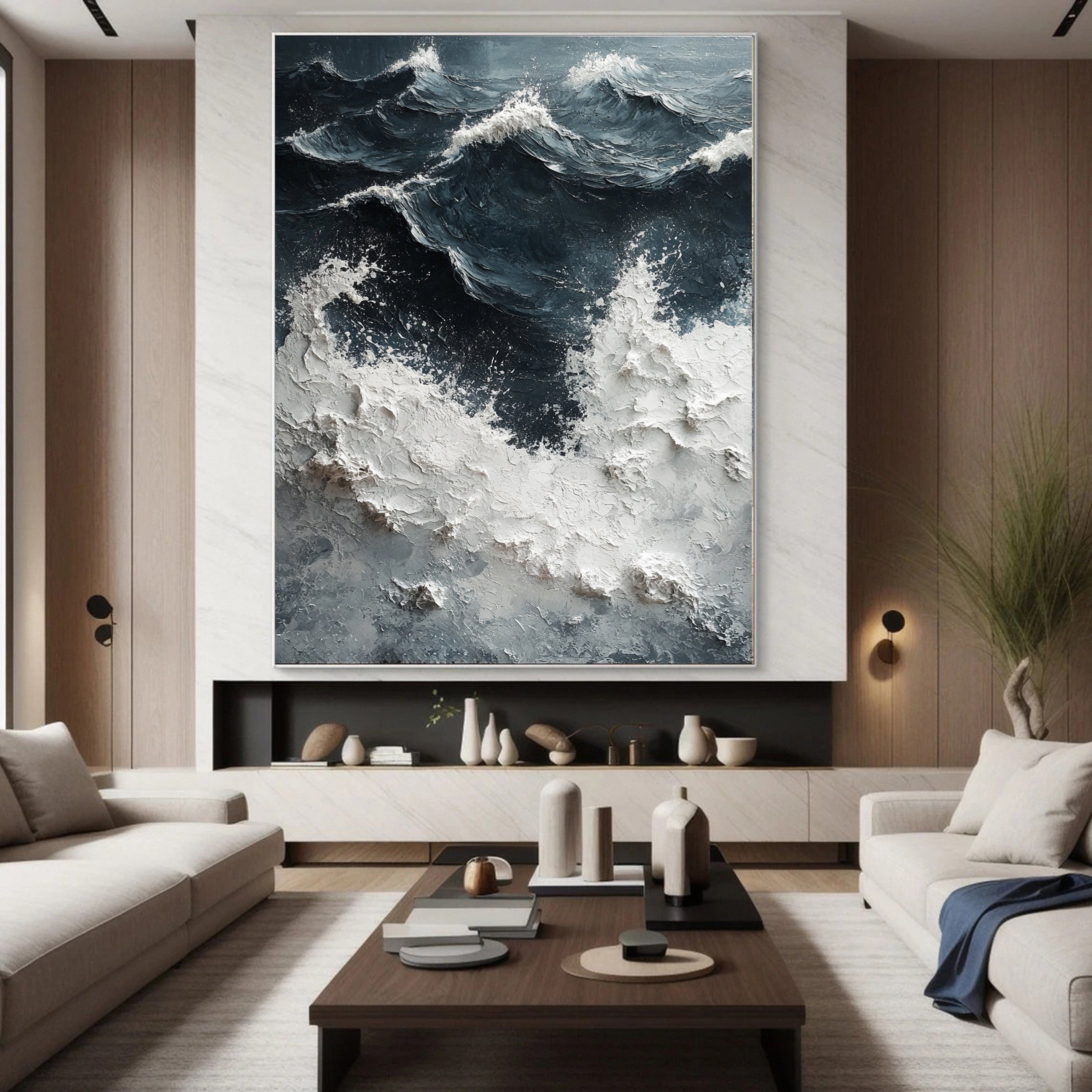 Sea Wave Blue & White Large Textured Ocean Wall Art #OS 043