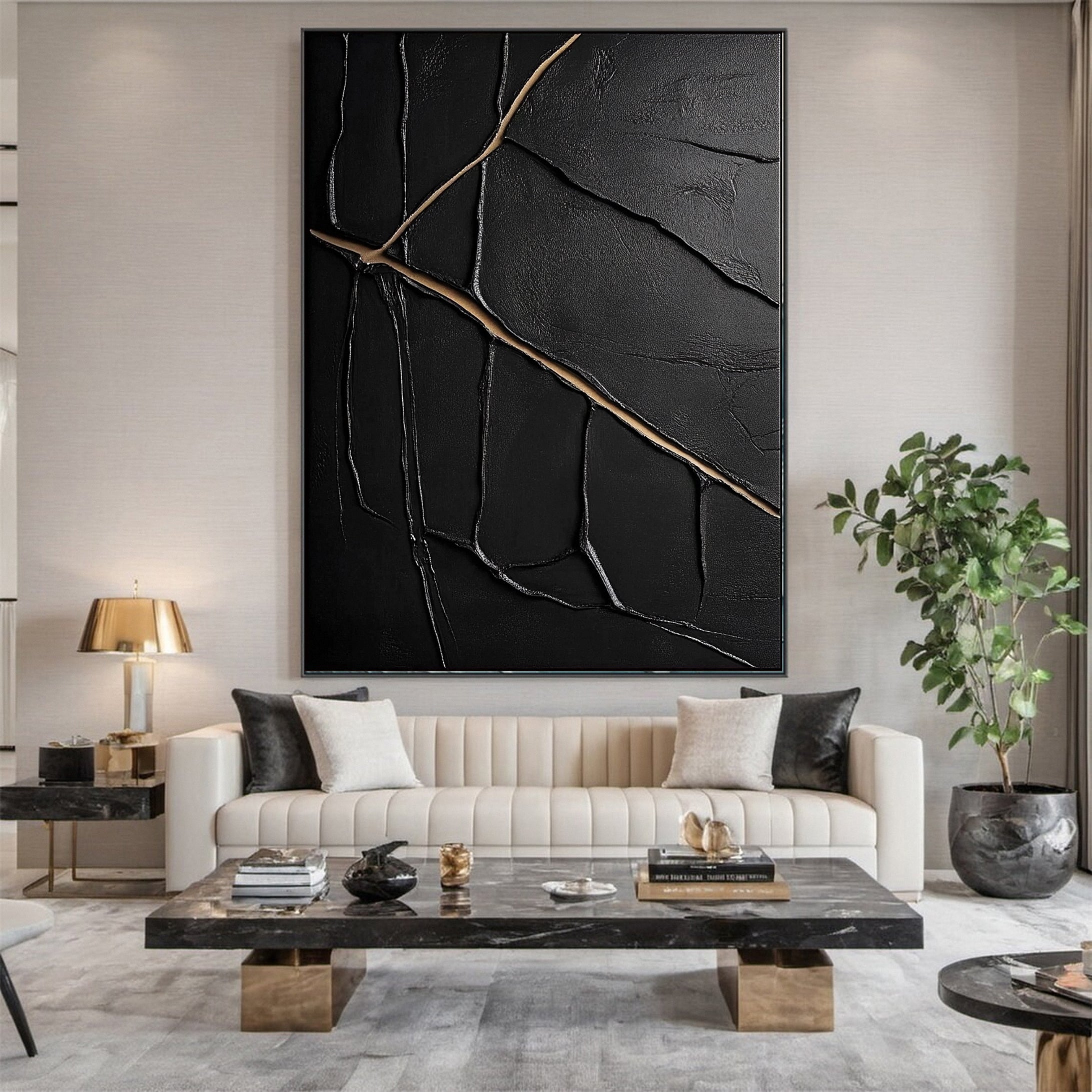 Golden Cracks Black Modern Abstract Art for Elegant Interiors #MMA 110