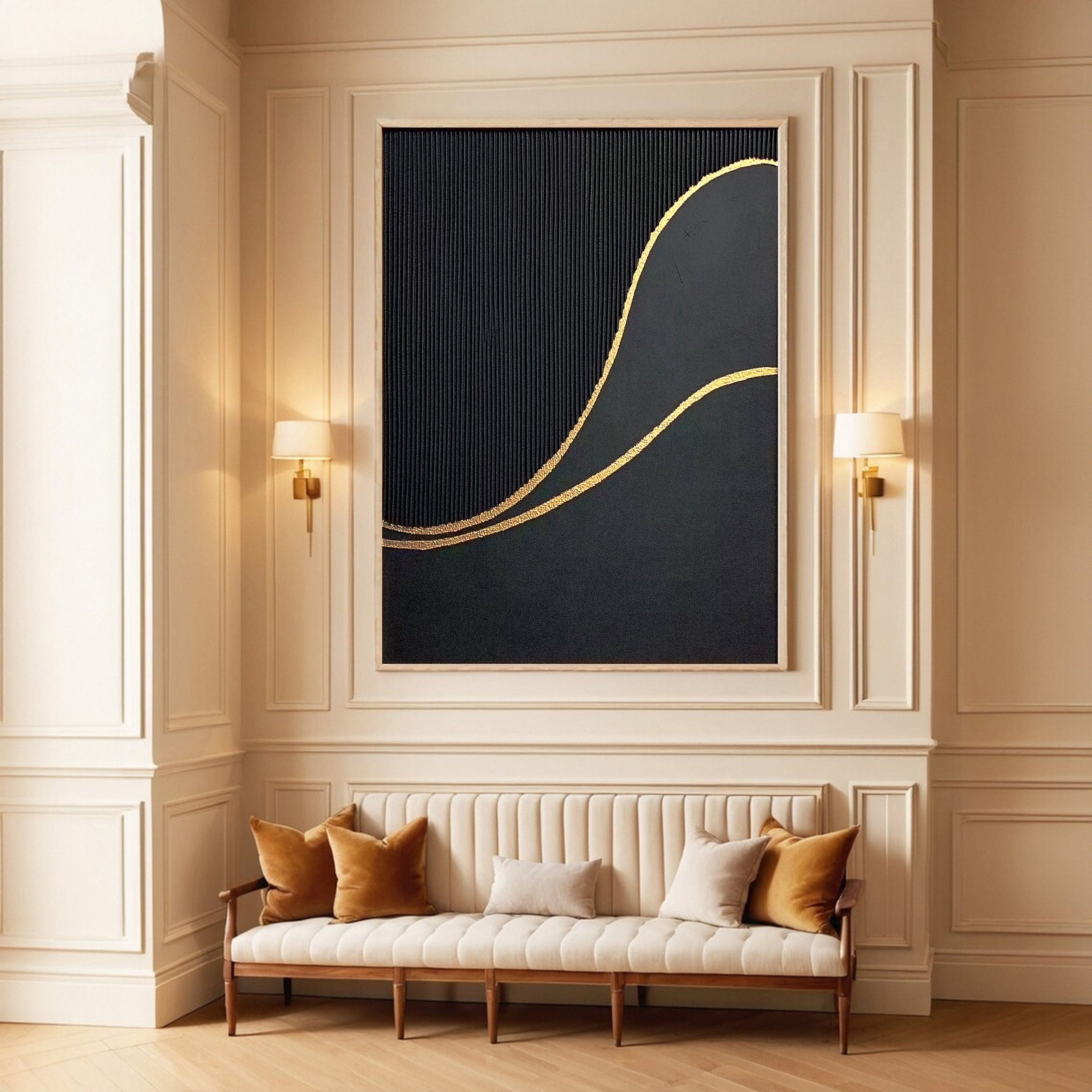 Luxury Waves Black and Gold Abstract Canvas Art #MMA 124