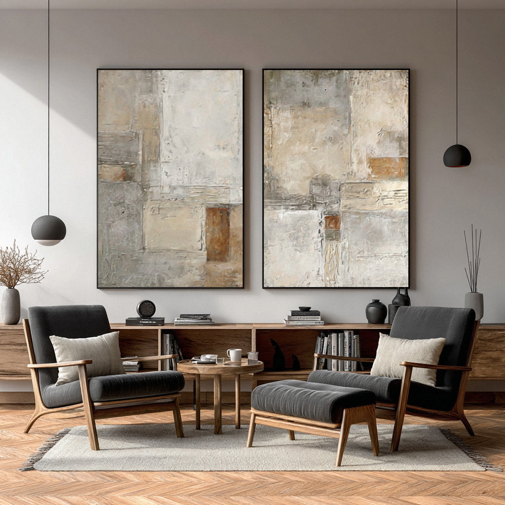 Oversized Beige & Gray Textured Canvas Panels Set Of 2 #AG 015