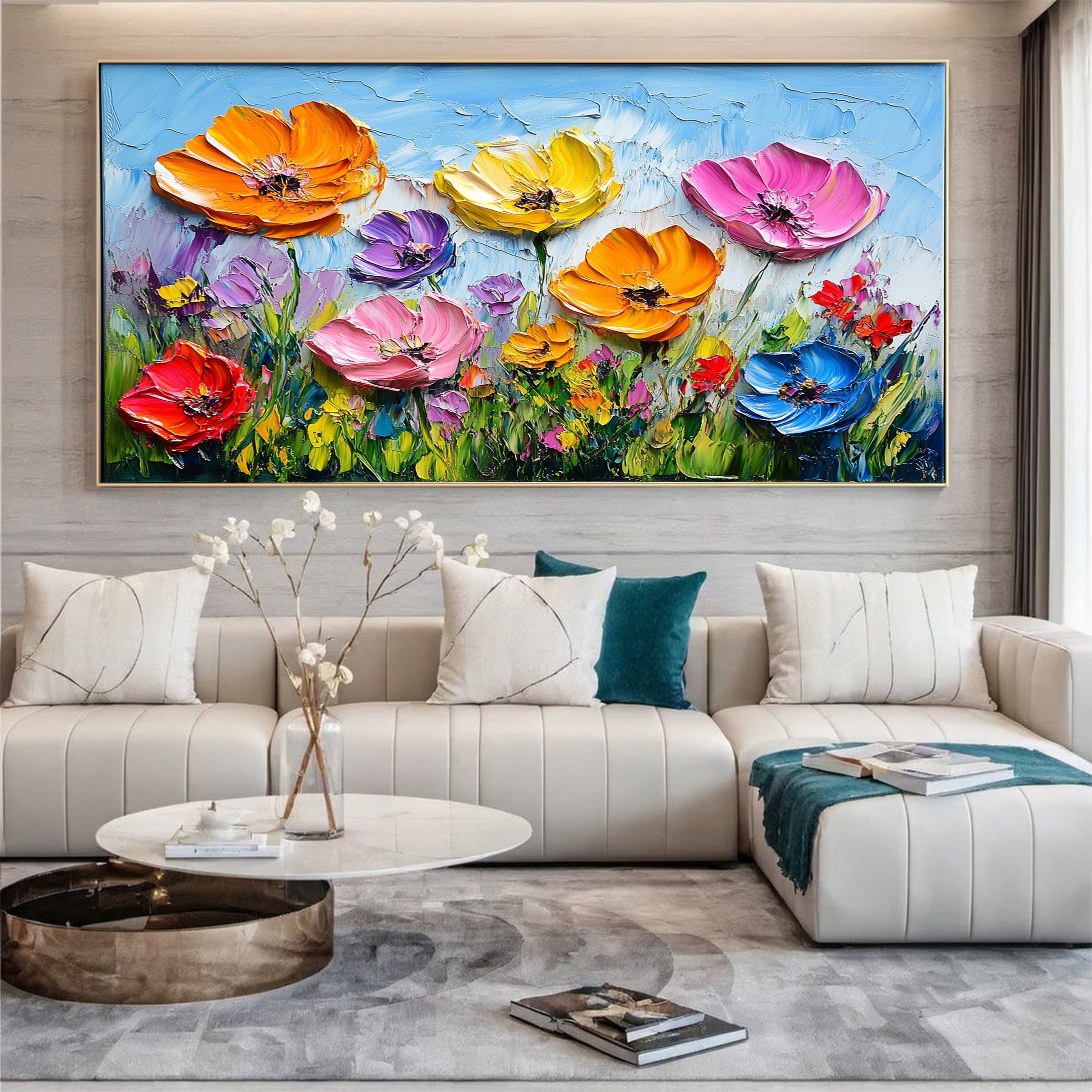 Meadow's Embrace Vibrant Flower Field Canvas Colorful Art #FT 021