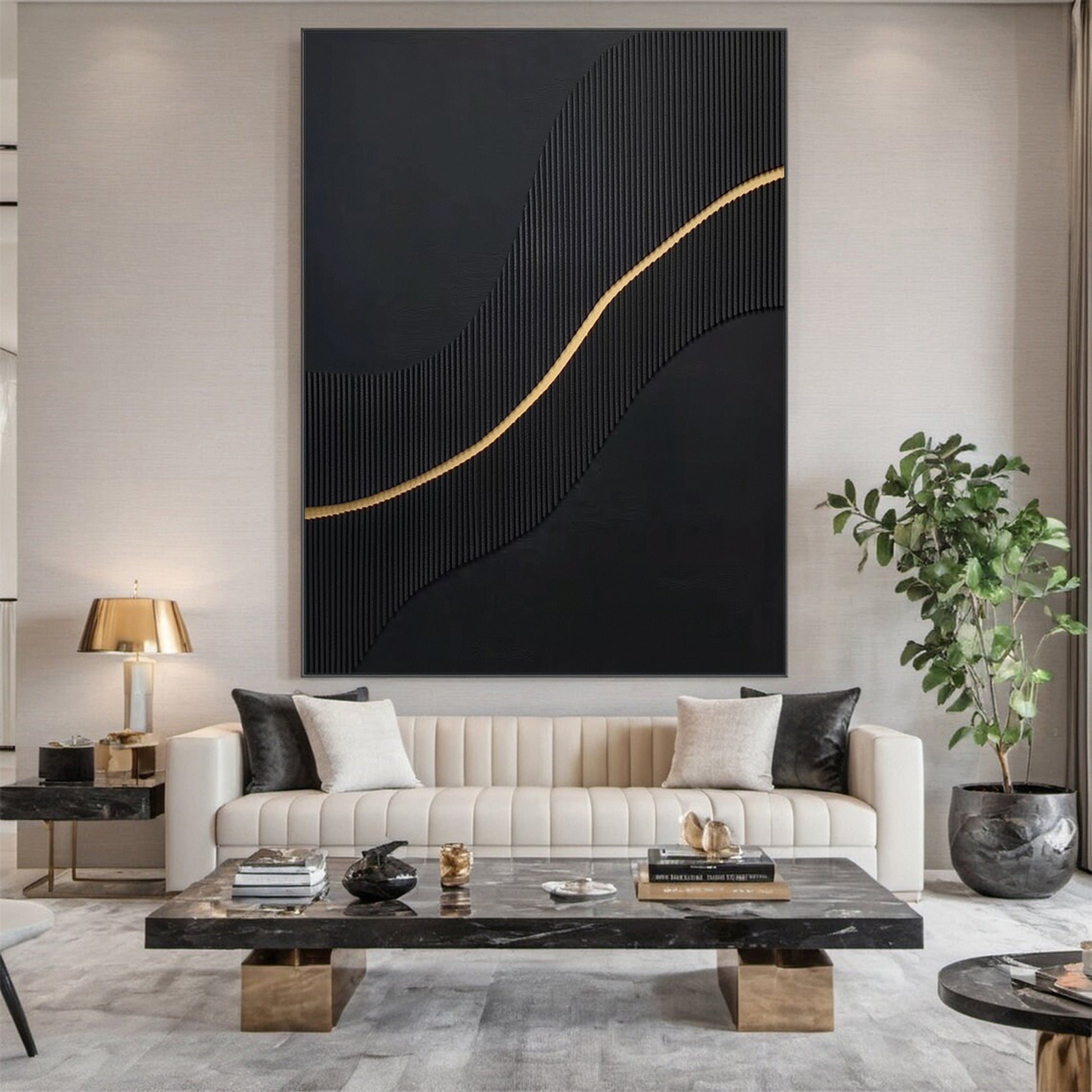 Golden Sway Chic Black and Gold Large Textured Wall Art #MMA 127