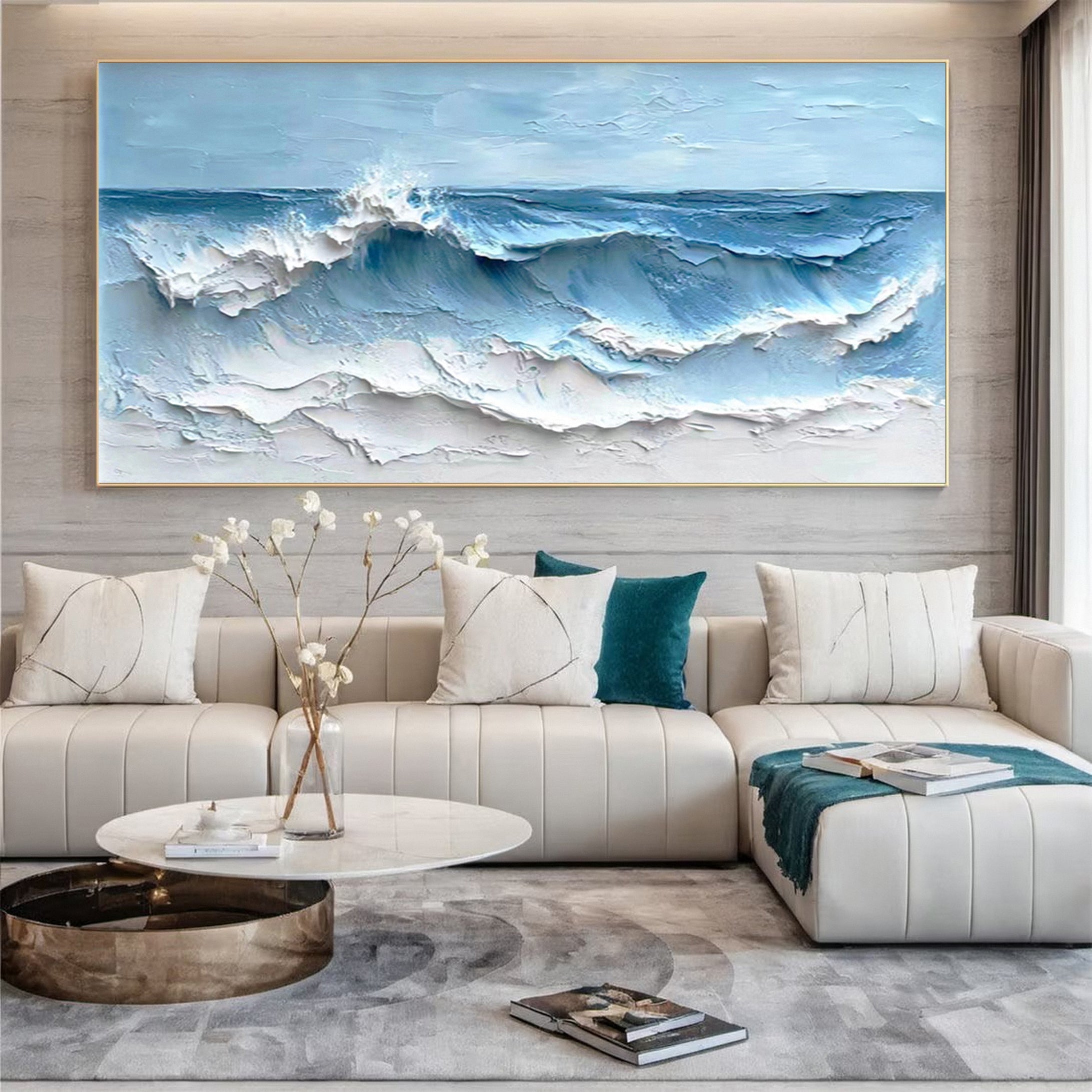 Crashing Waves Textured Artwork Luxurious Ocean Wall Canvas #OS 014