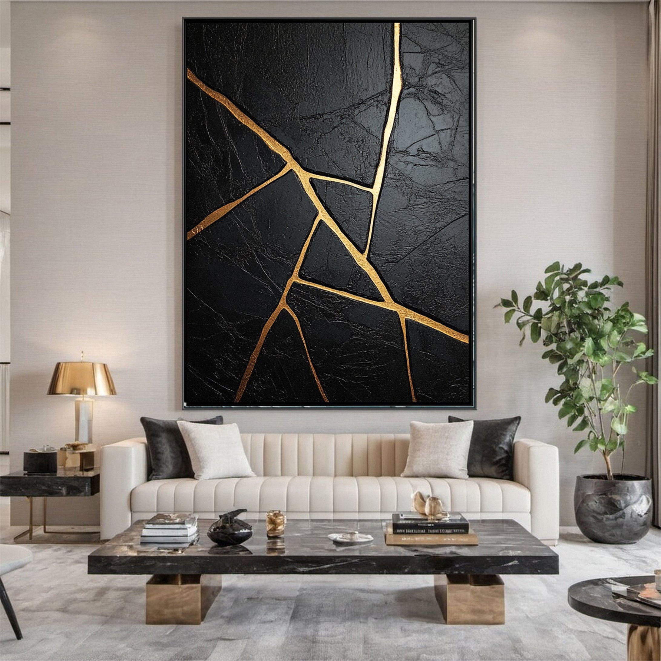 Golden Cracks Black Modern Abstract Art for Elegant Interiors #MMA 108