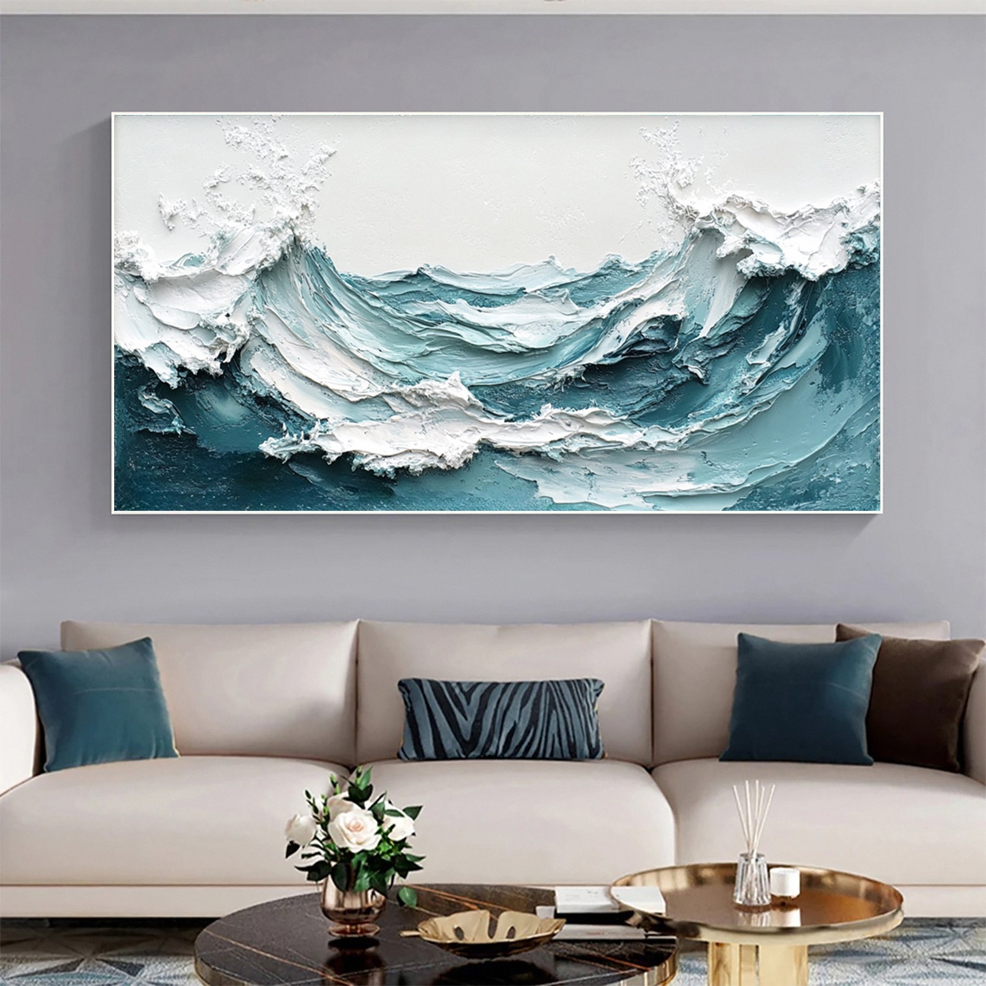 Crashing Waves Textured Artwork Luxurious Ocean Wall Canvas #OS 016