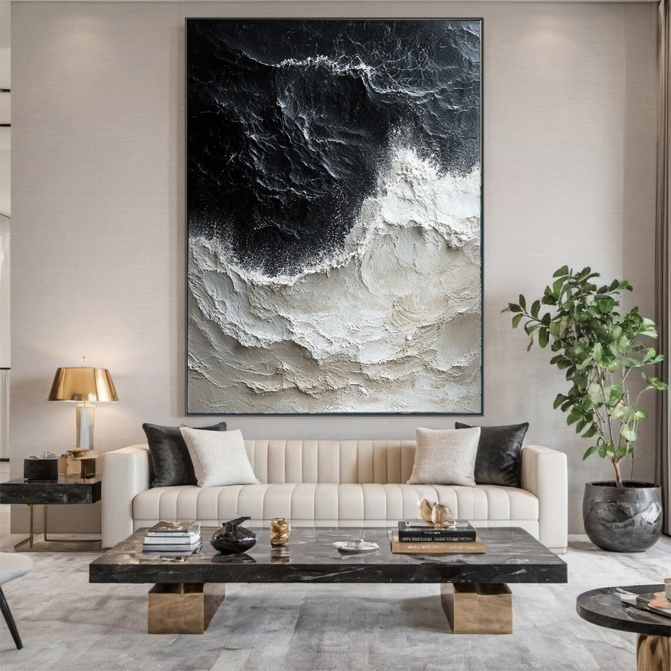 Sea Wave Black & White Large Textured Ocean Wall Art #OS 040