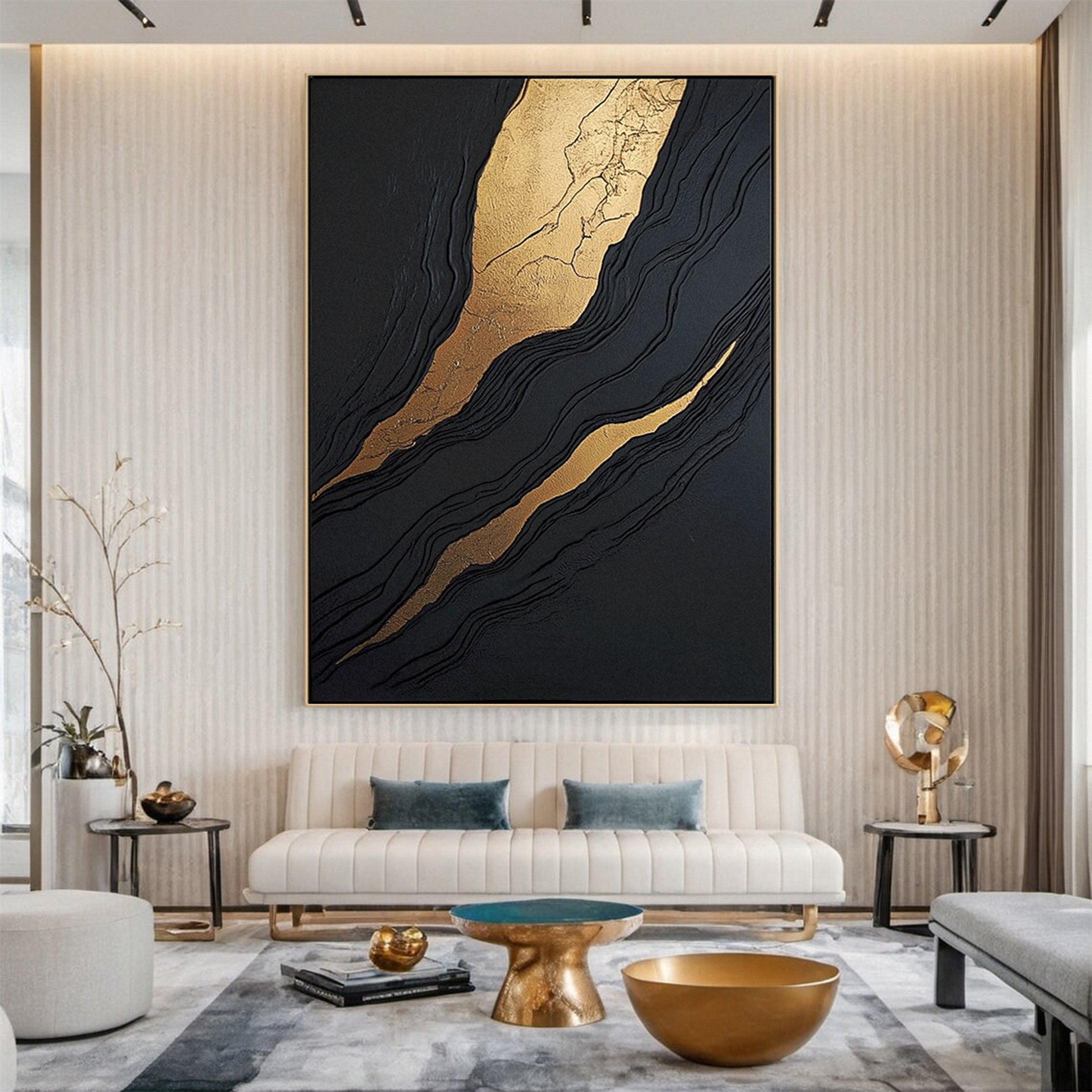 Golden Sway Chic Black and Gold Large Textured Wall Art #MMA 129