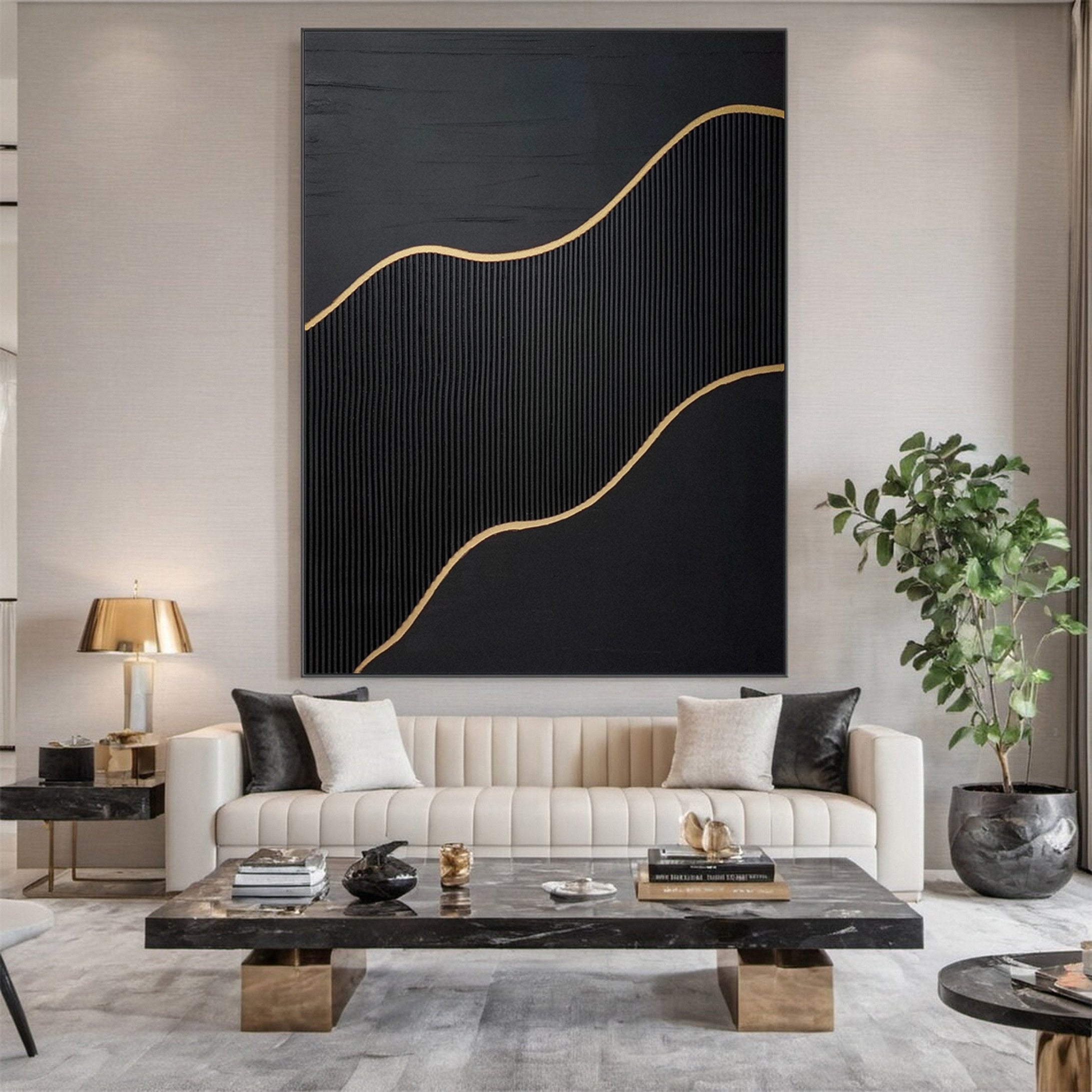 Golden Sway Chic Black and Gold Large Textured Wall Art #MMA 125