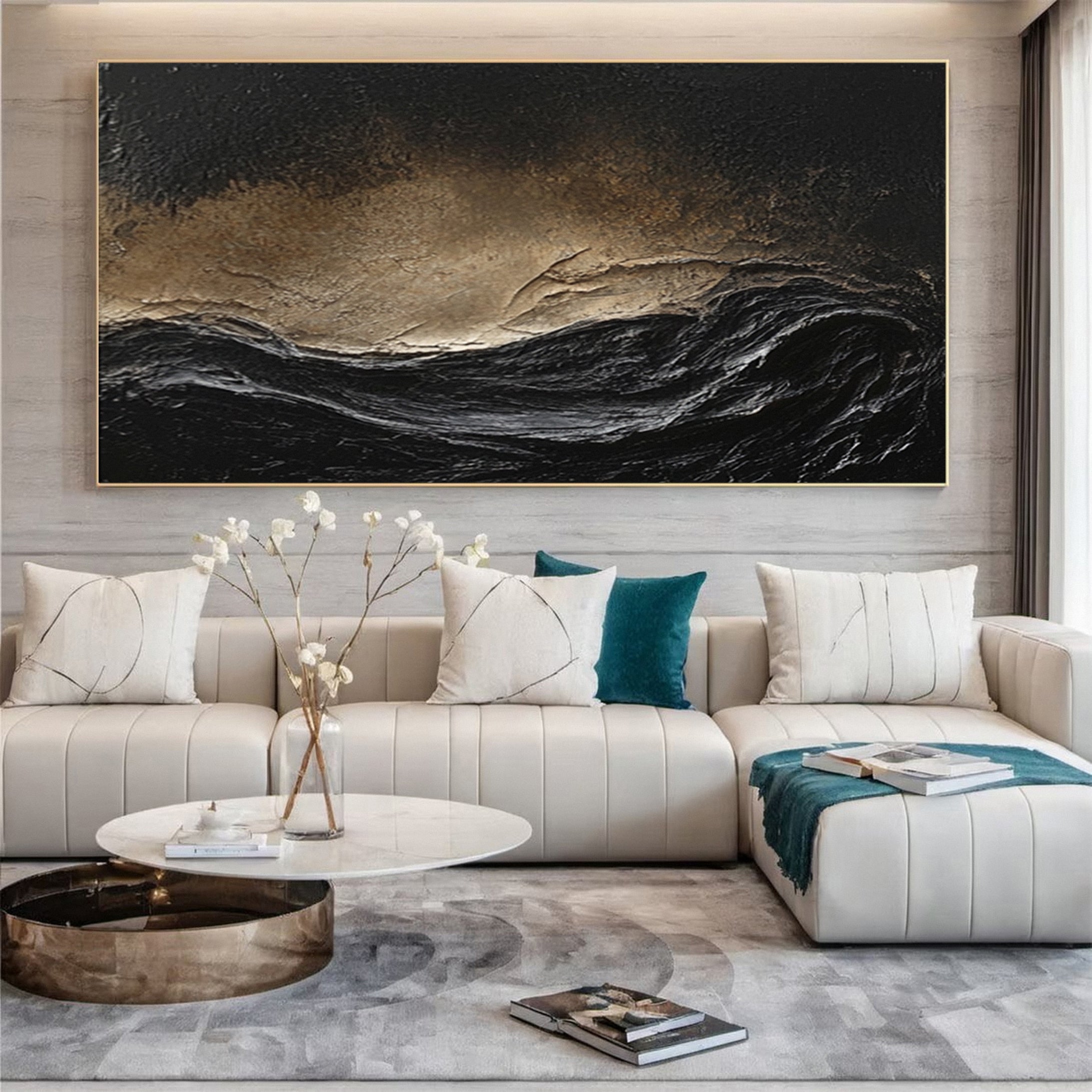 Stormy Elegance Large Black and Gold Abstract Wall Art #MMA 147