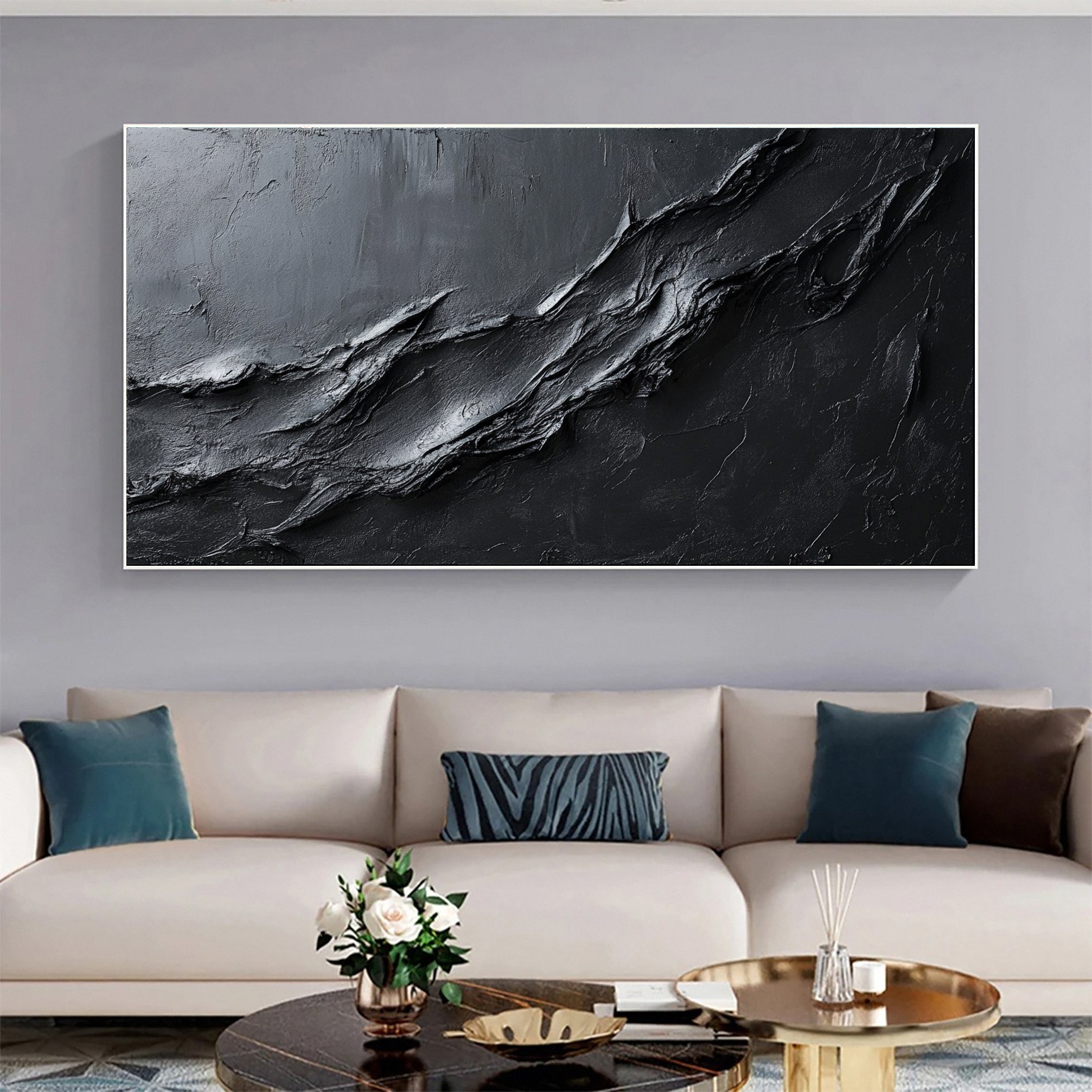 Luxurious Depths Large Black Textured Abstract Canvas Art #MMA 113