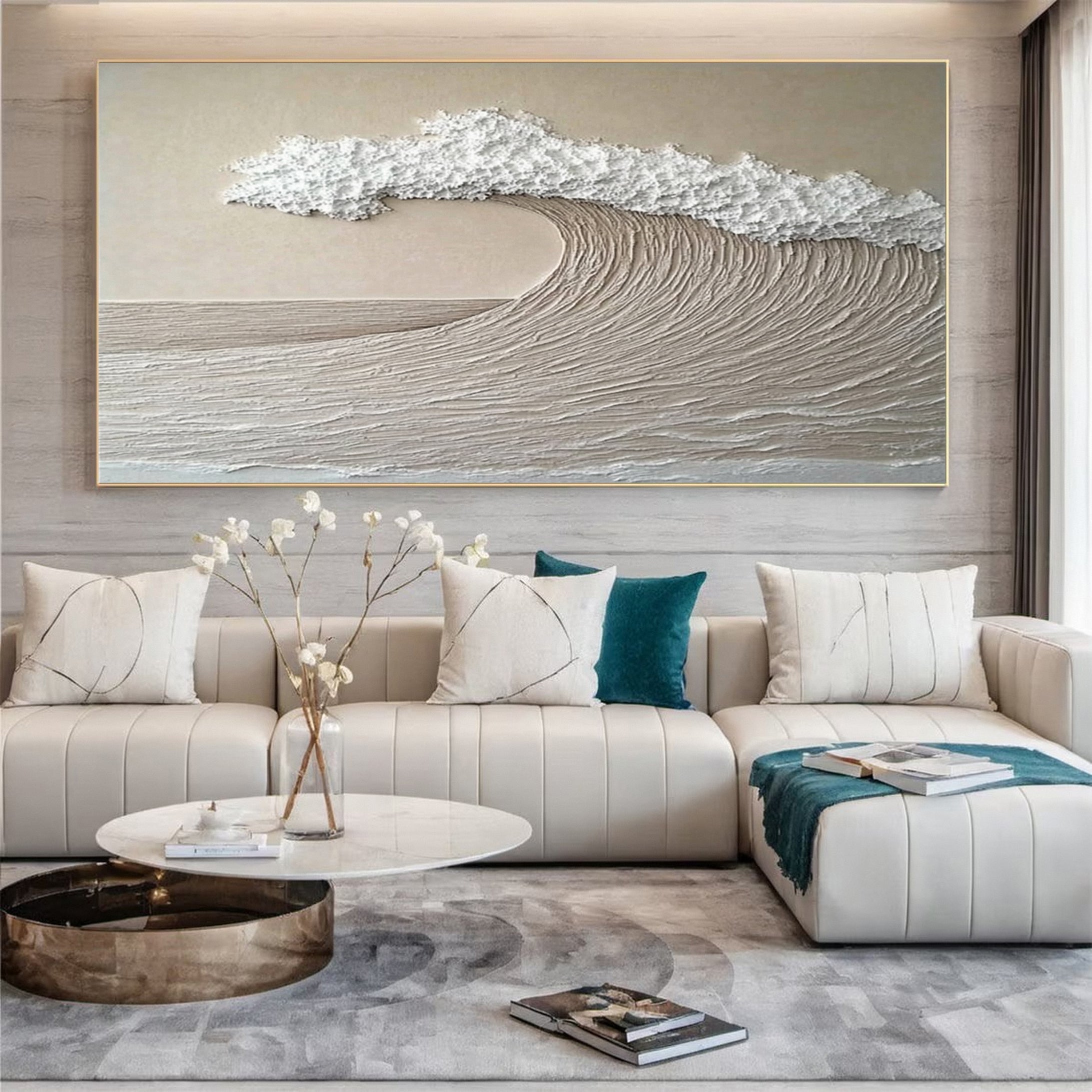 Neutral Toned Wave Large Ocean Textured Wall Art #OS 044