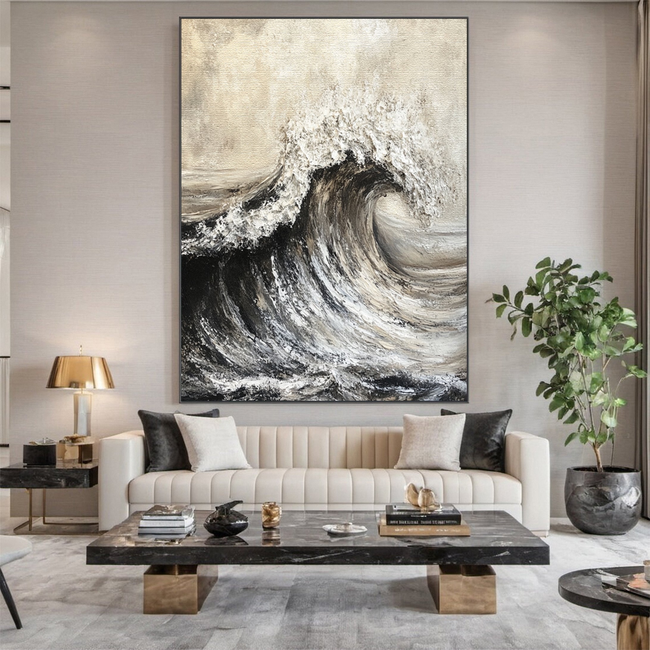 Sea Wave Black & White Large Textured Ocean Wall Art #OS 042