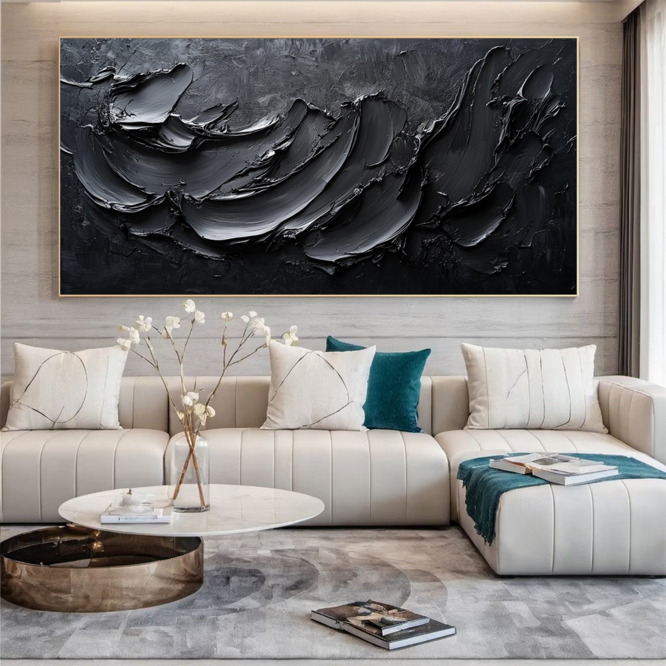 Luxurious Depths Large Black Textured Abstract Canvas Art #MMA 111