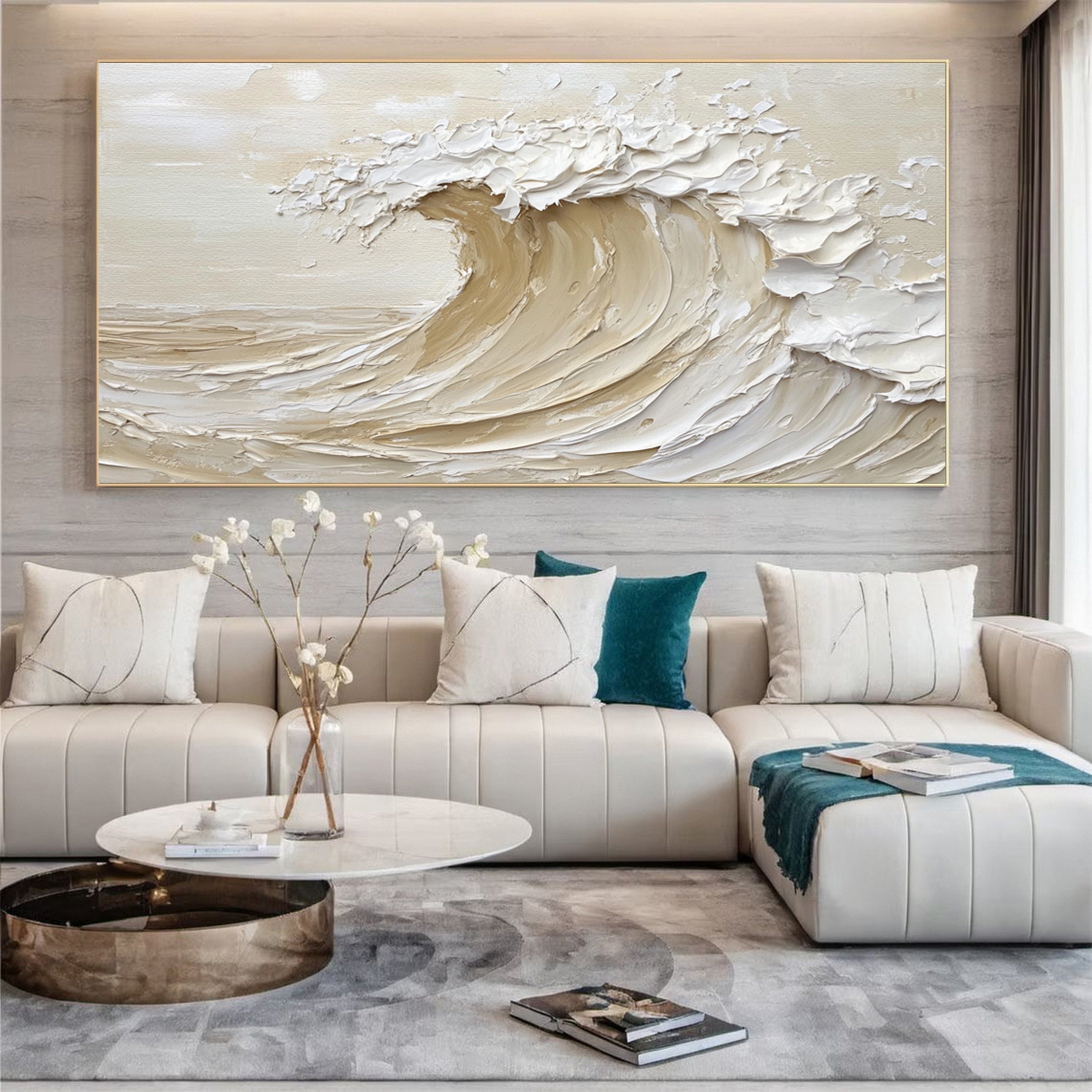 Neutral Toned Wave Large Ocean Textured Wall Art #OS 045