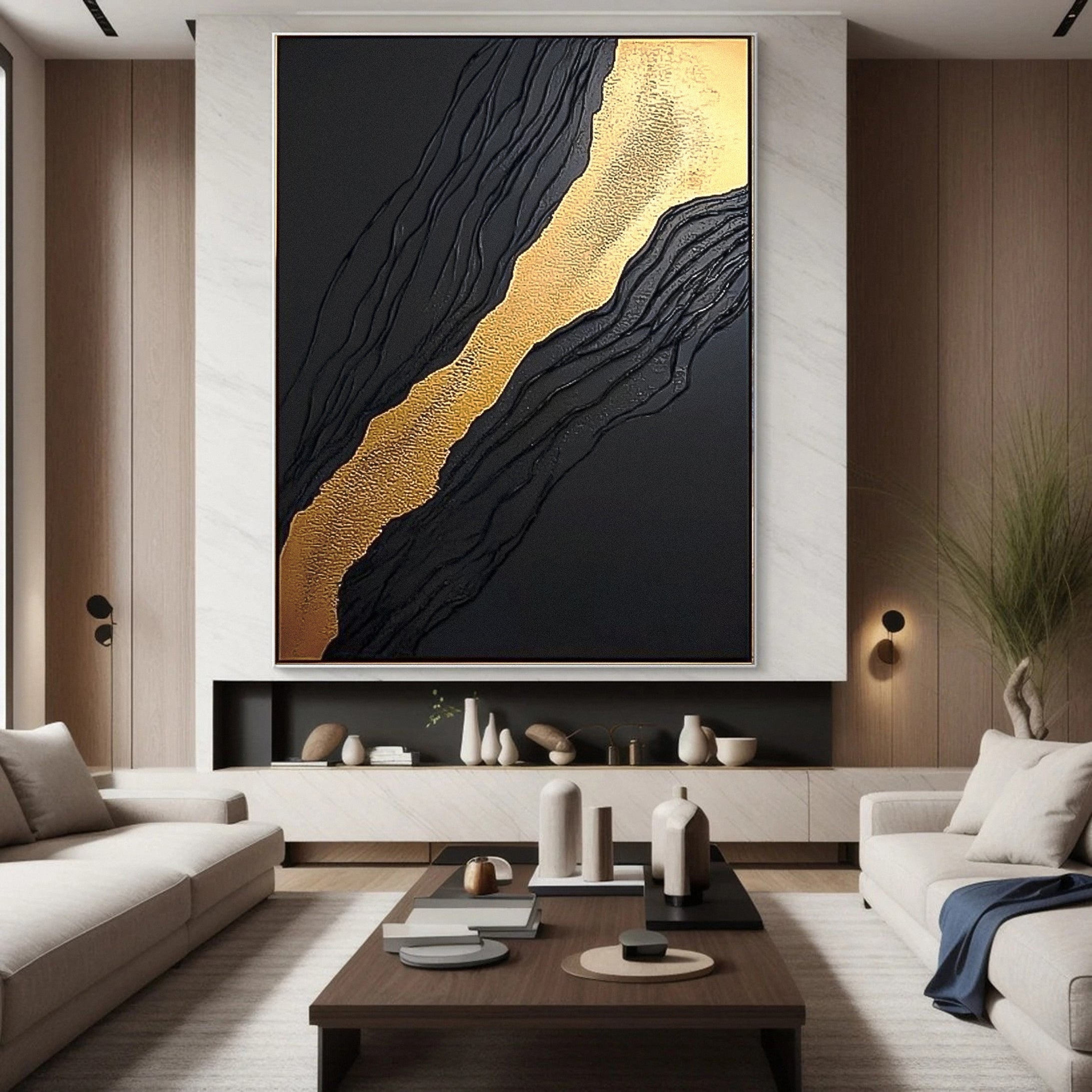 Golden Sway Chic Black and Gold Large Textured Wall Art #MMA 130