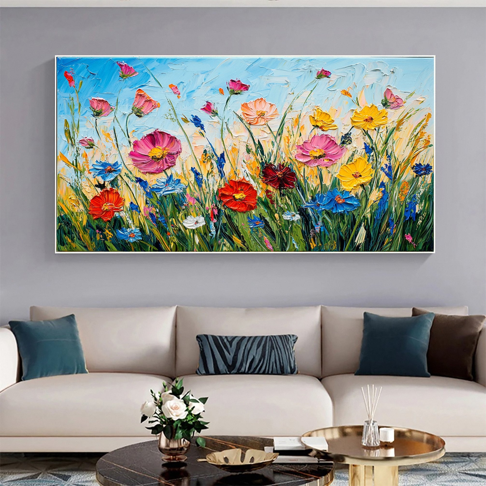 Meadow's Embrace Vibrant Flower Field Canvas Colorful Art #FT 020