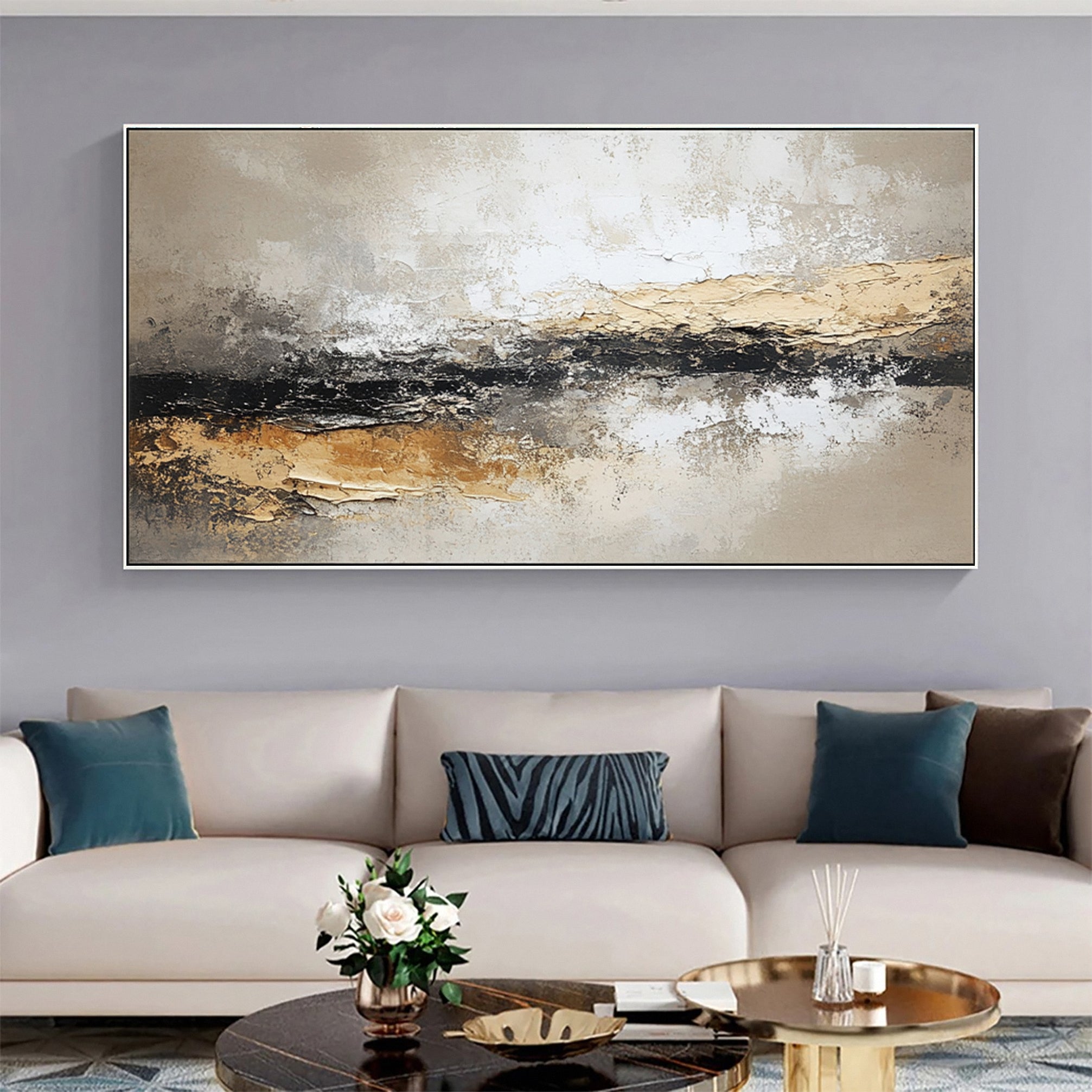 Large Beige & Black Abstract Wall Art For Living Room Decor #AP 027